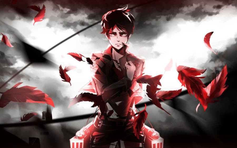Eren Jaeger, 'n dapper soldaat en held van die TV-anime-reeks Attack on Titan, groet met uitdaging — Attack On Titan Muurpapier