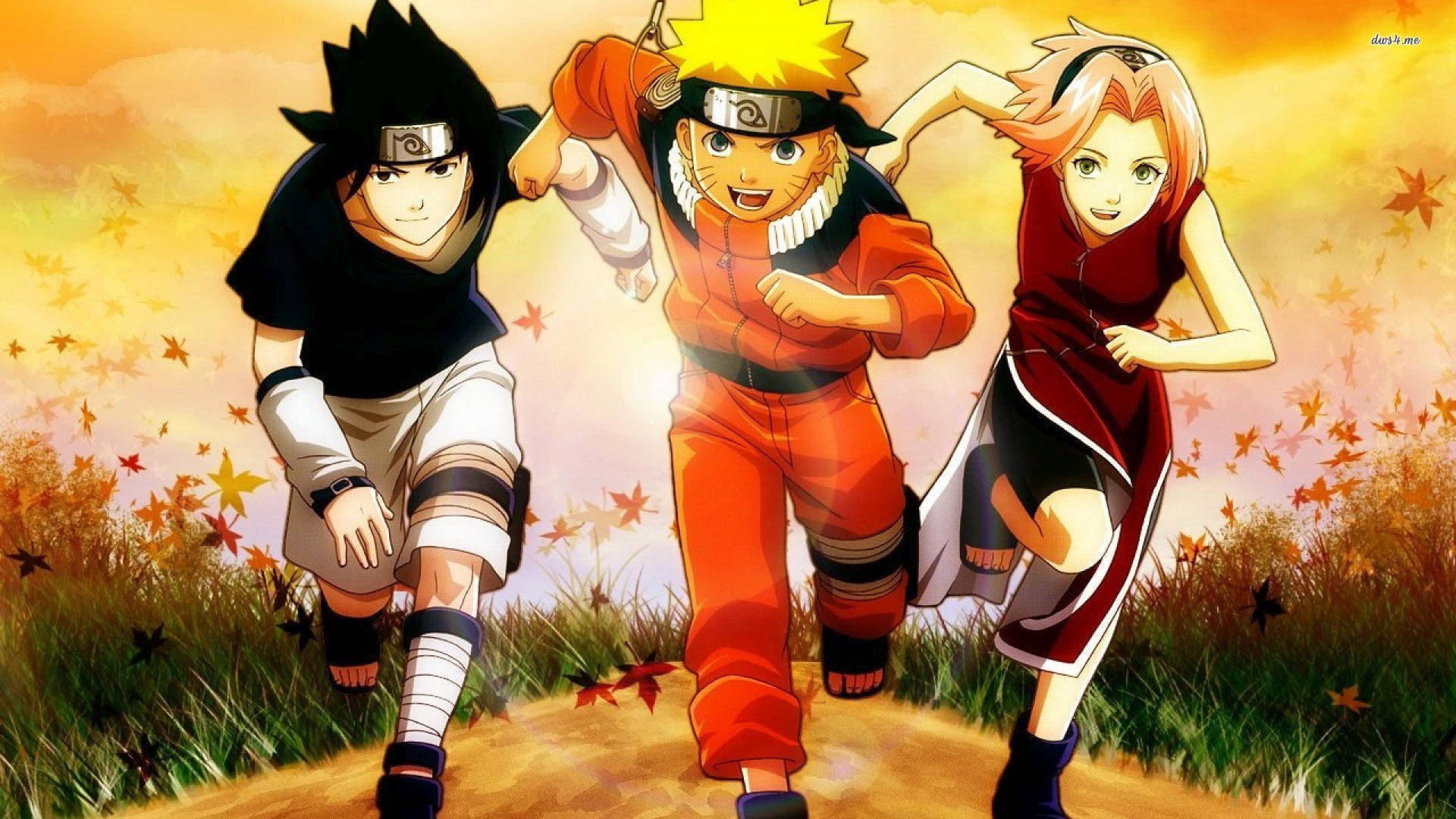Drie jeugdige ninjas - Naruto, Sakura en Sasuke wat saam hardloop. — Naruto Muurpapier