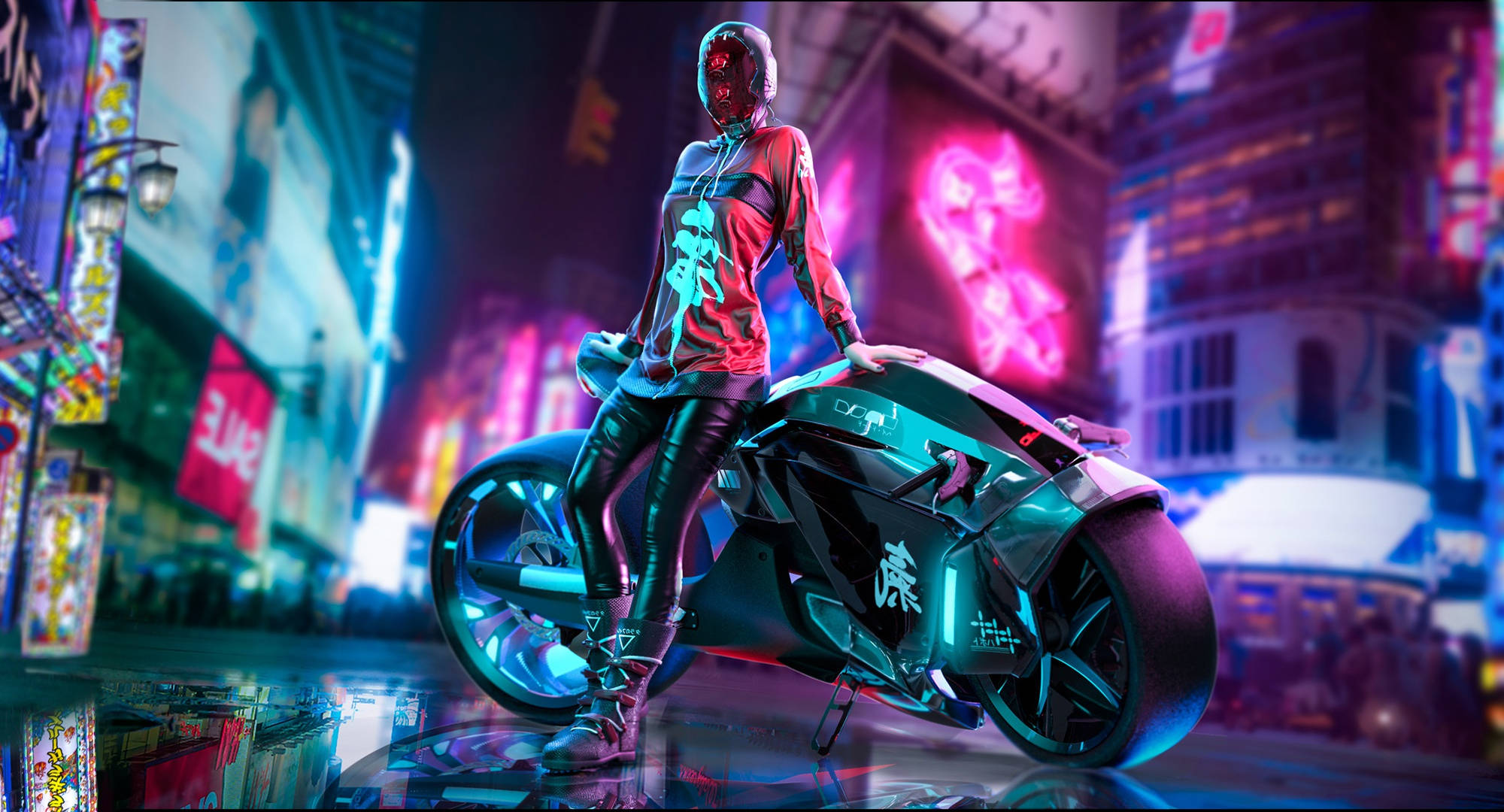 1920 X 1080 Speletjie Kuberpunk Vrou met Motorfiets Muurpapier