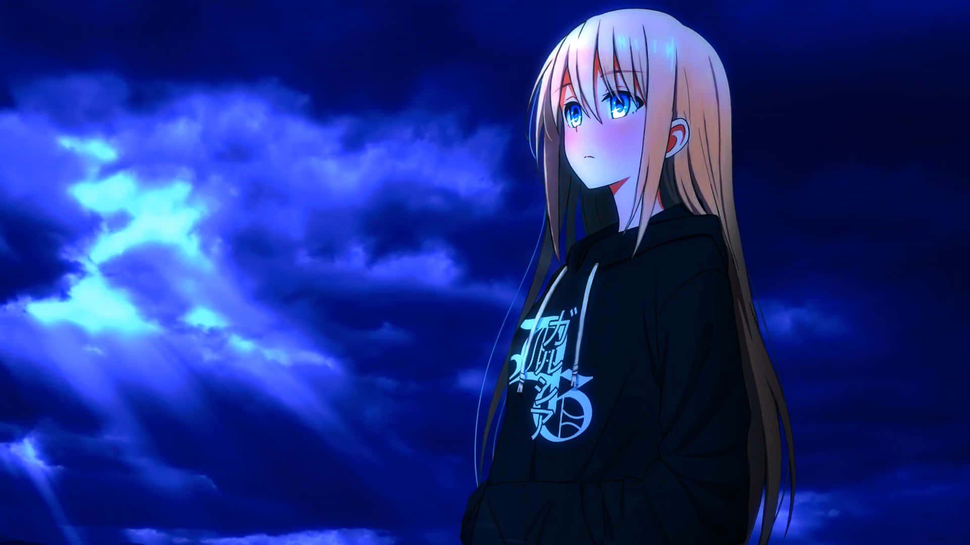 1920x1080 Anime Meisie Donkerblou Muurpapier