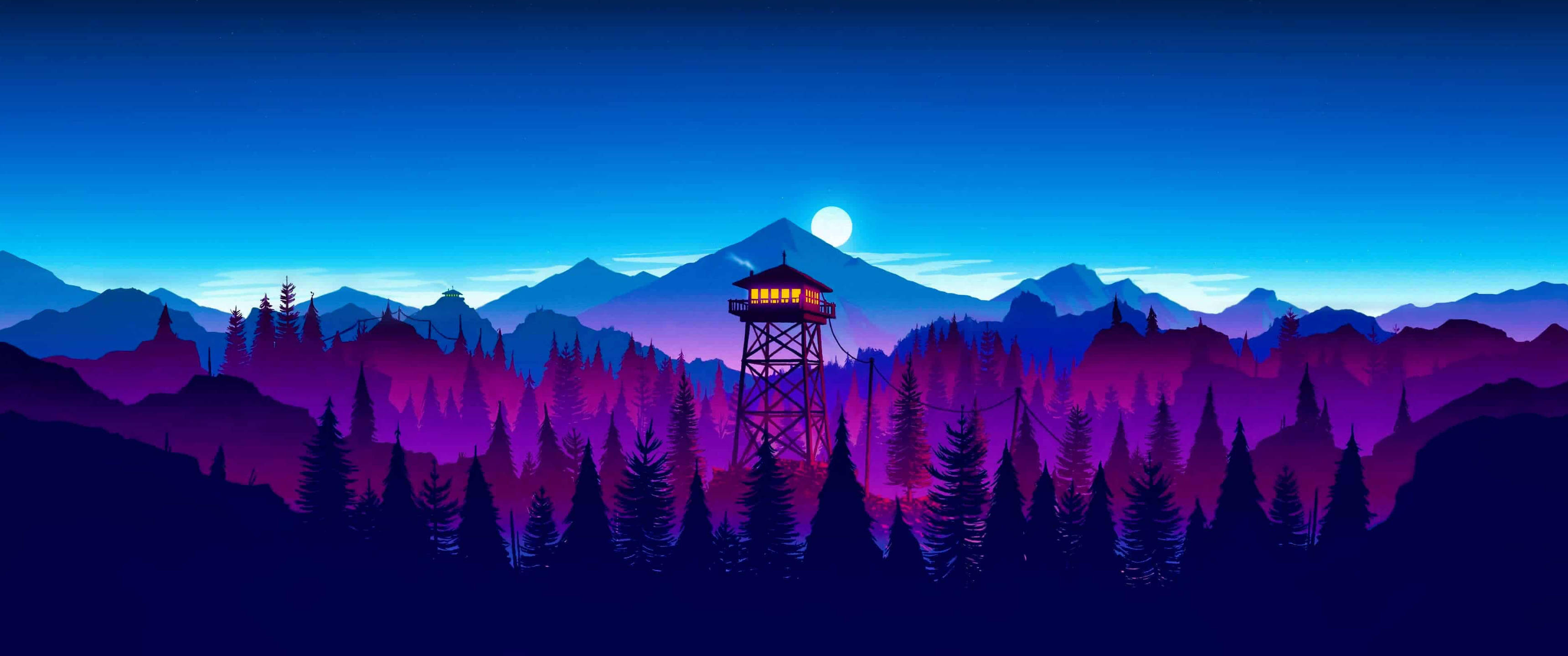3440x1440 Minimalistiese Wilderniswagtorings Muurpapier