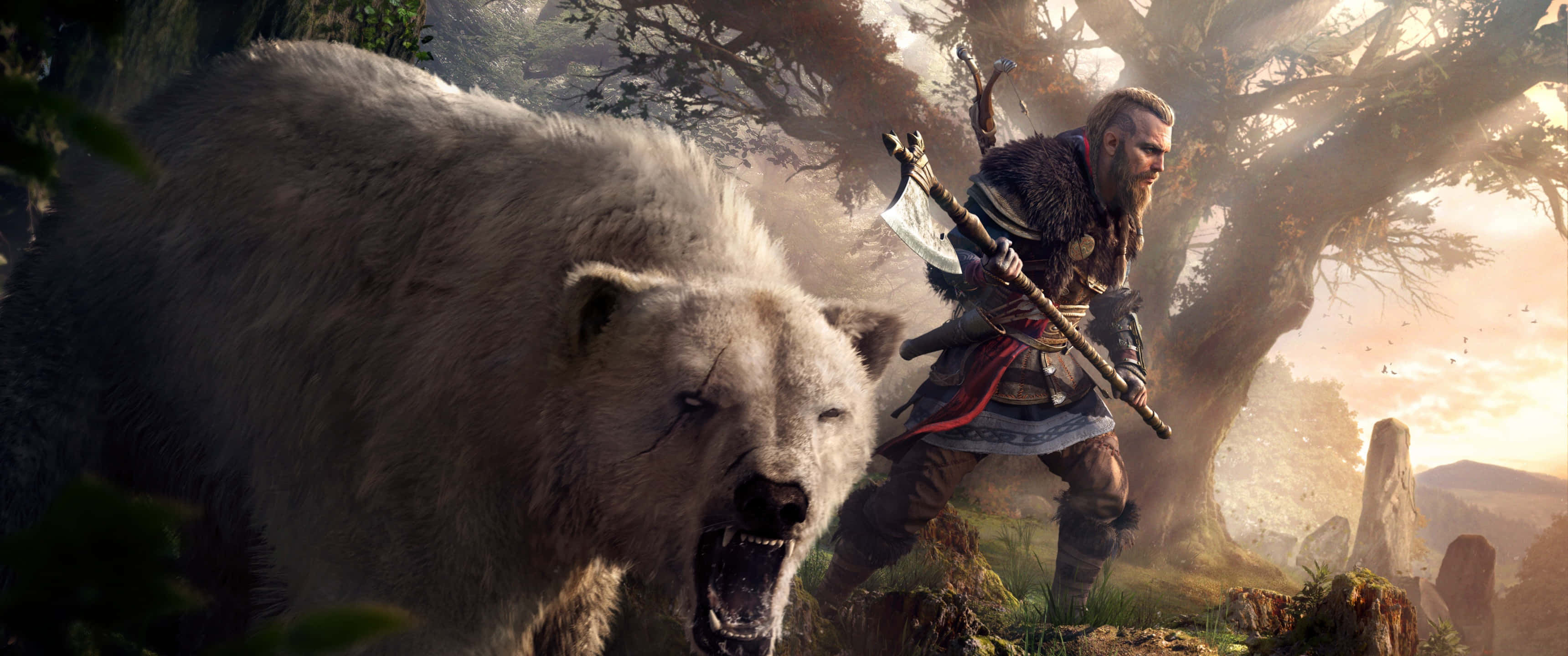 3440x1440p Assassin's Creed Odyssey Agtergrond Vegter En 'n Ysbeer Muurpapier