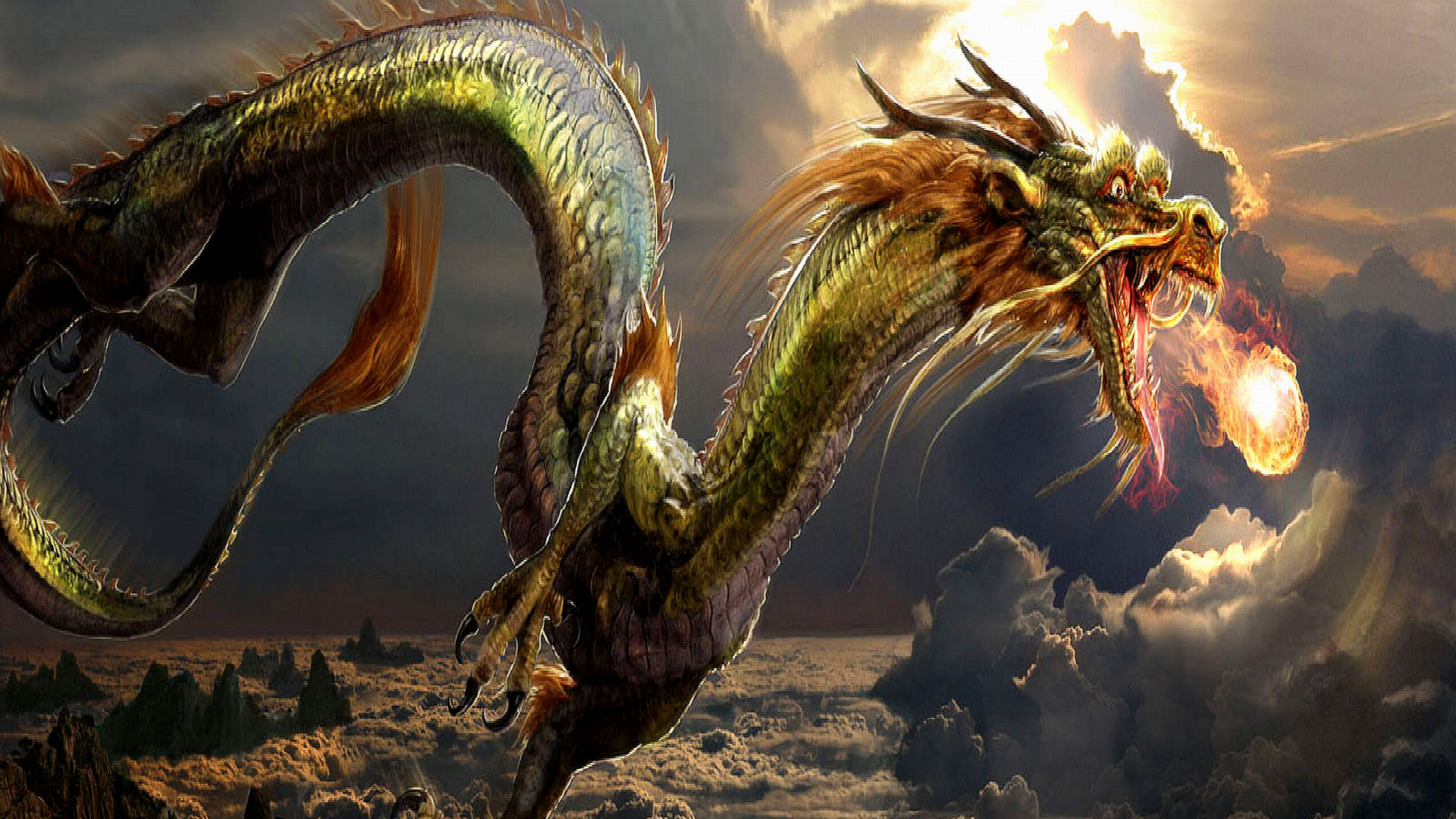 3840x2160 Monitor Dragon Vuur Asem Muurpapier