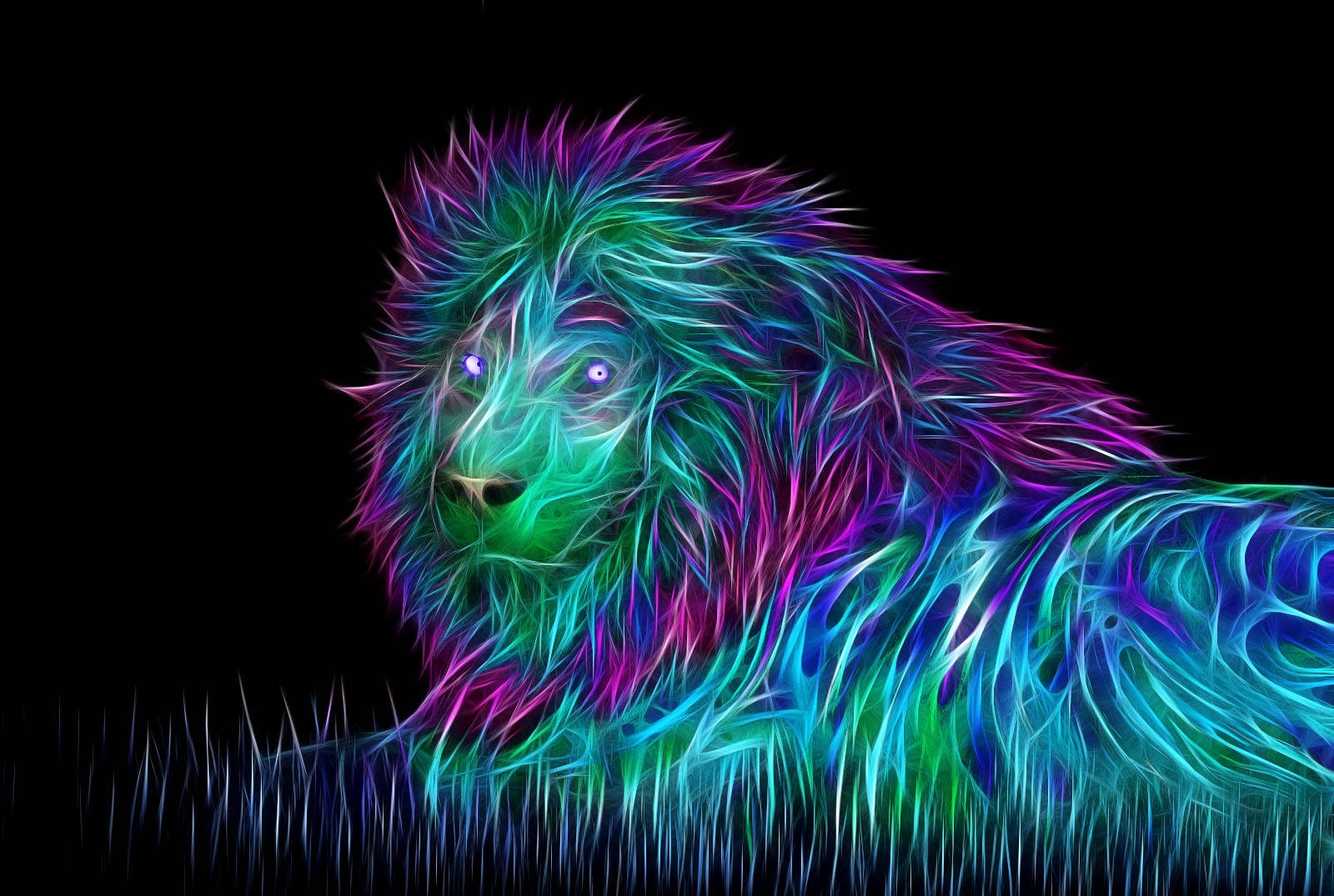 3D neon leeu wat op gras lê agtergrond