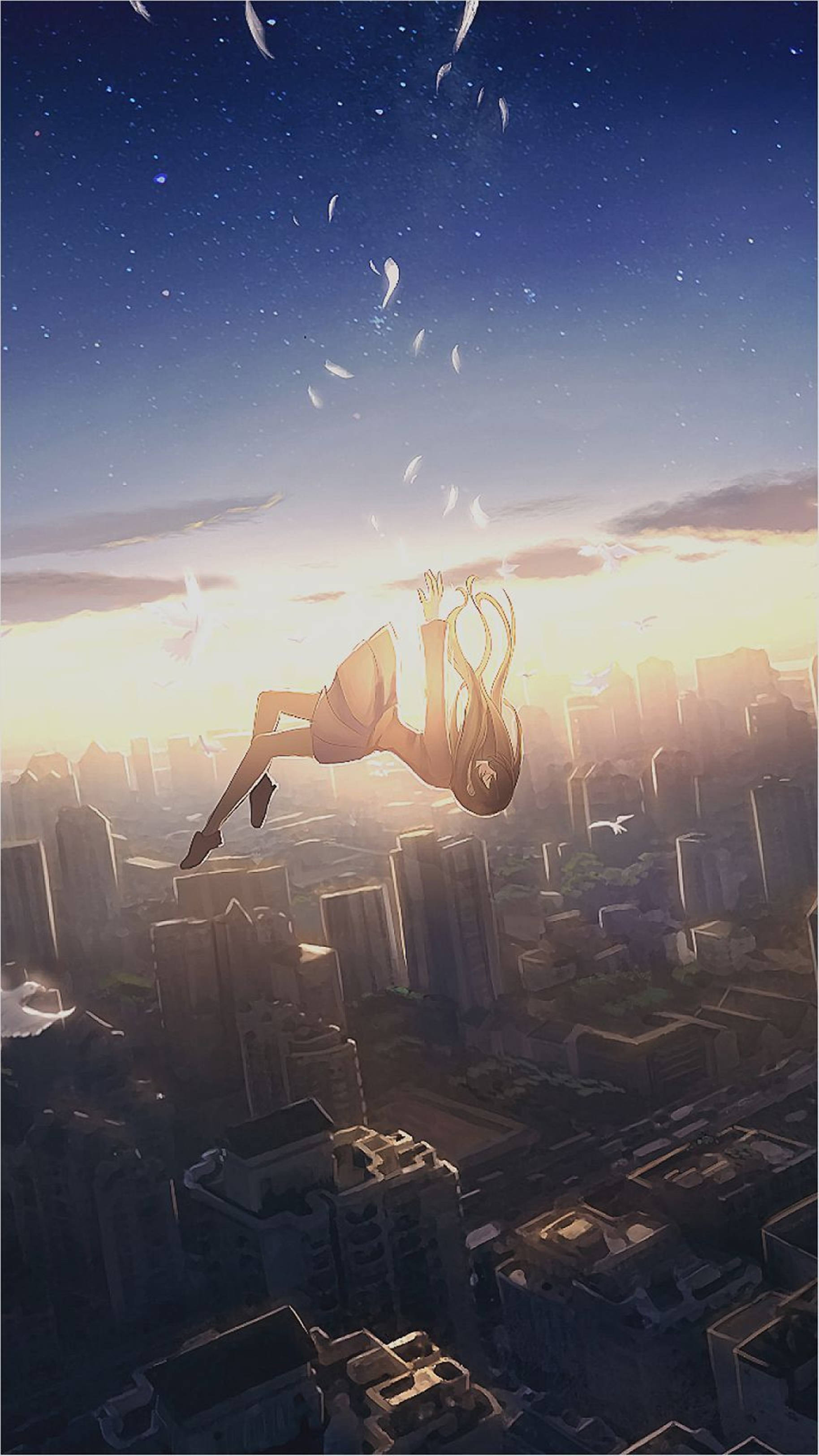 4K Anime iPhone Meisie wat uit die Lug Val Stad Muurpapier