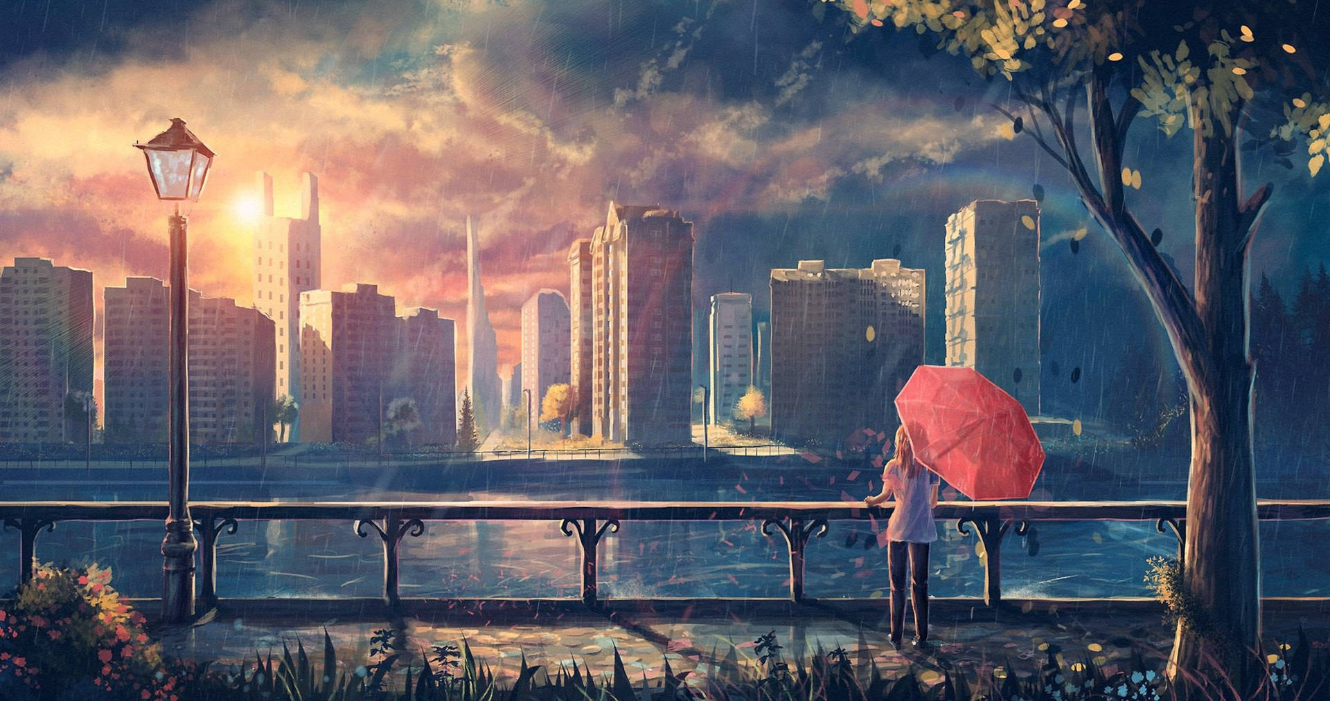 4K Bewegende Meisie Met Sambreel — Anime landskap GIF Muurpapier