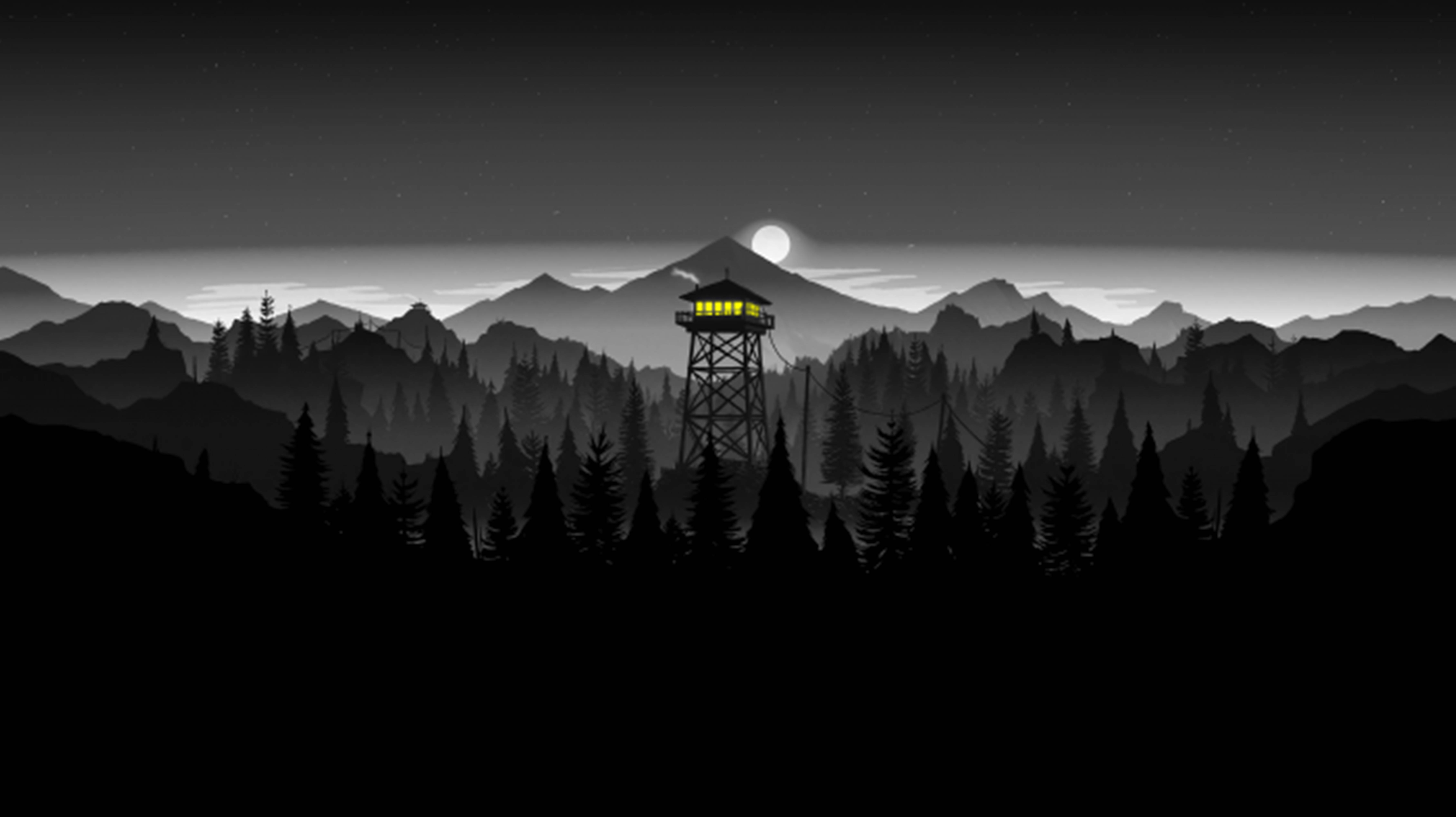 4K Firewatch Swart Berge en Woude Muurpapier