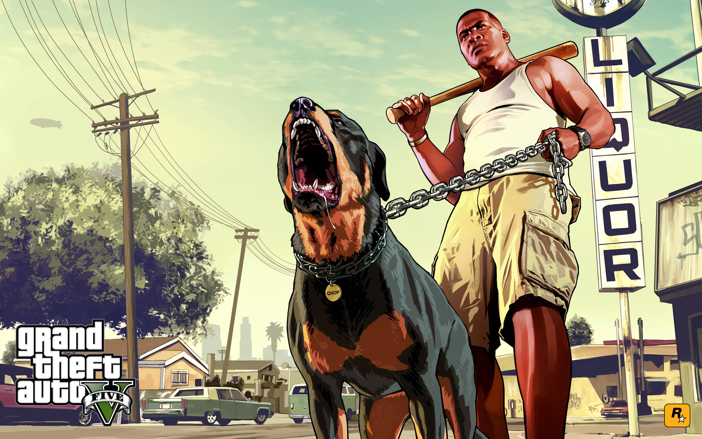 4K GTA 5 Franklin wat Chop vashou Muurpapier