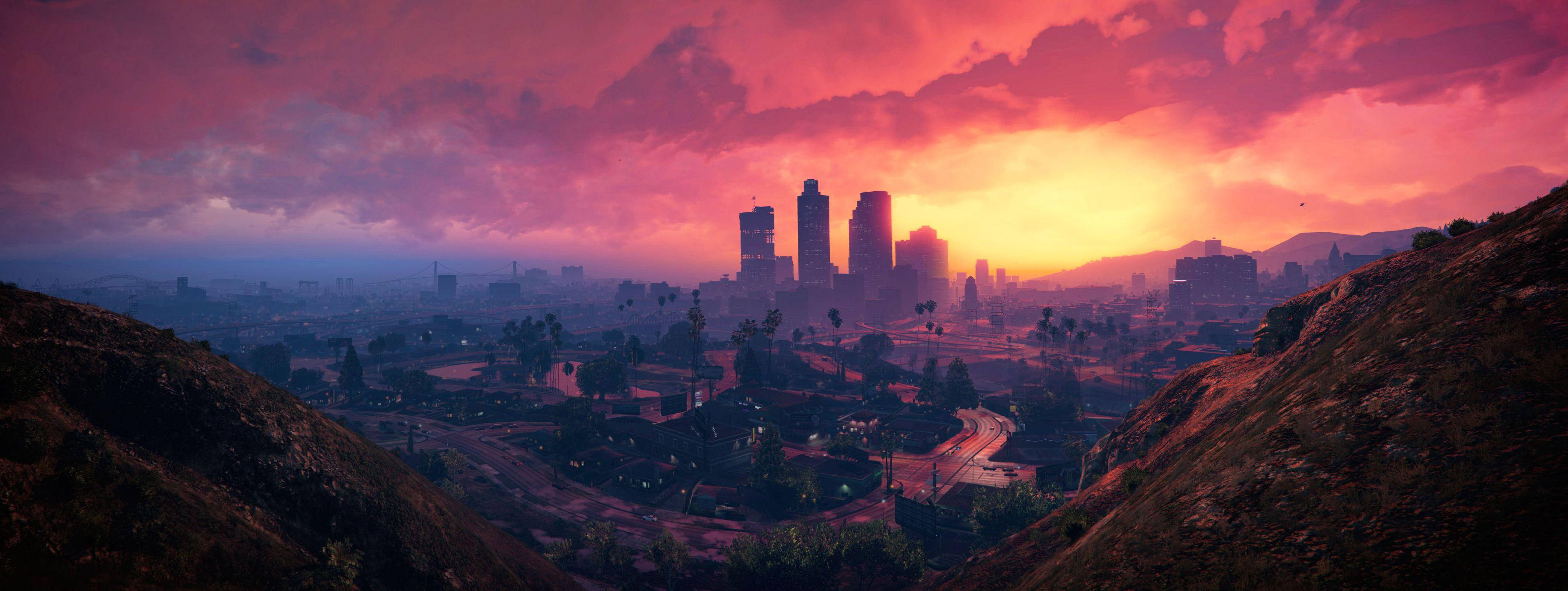 4K GTA 5 Los Santos Stadshorison Muurpapier