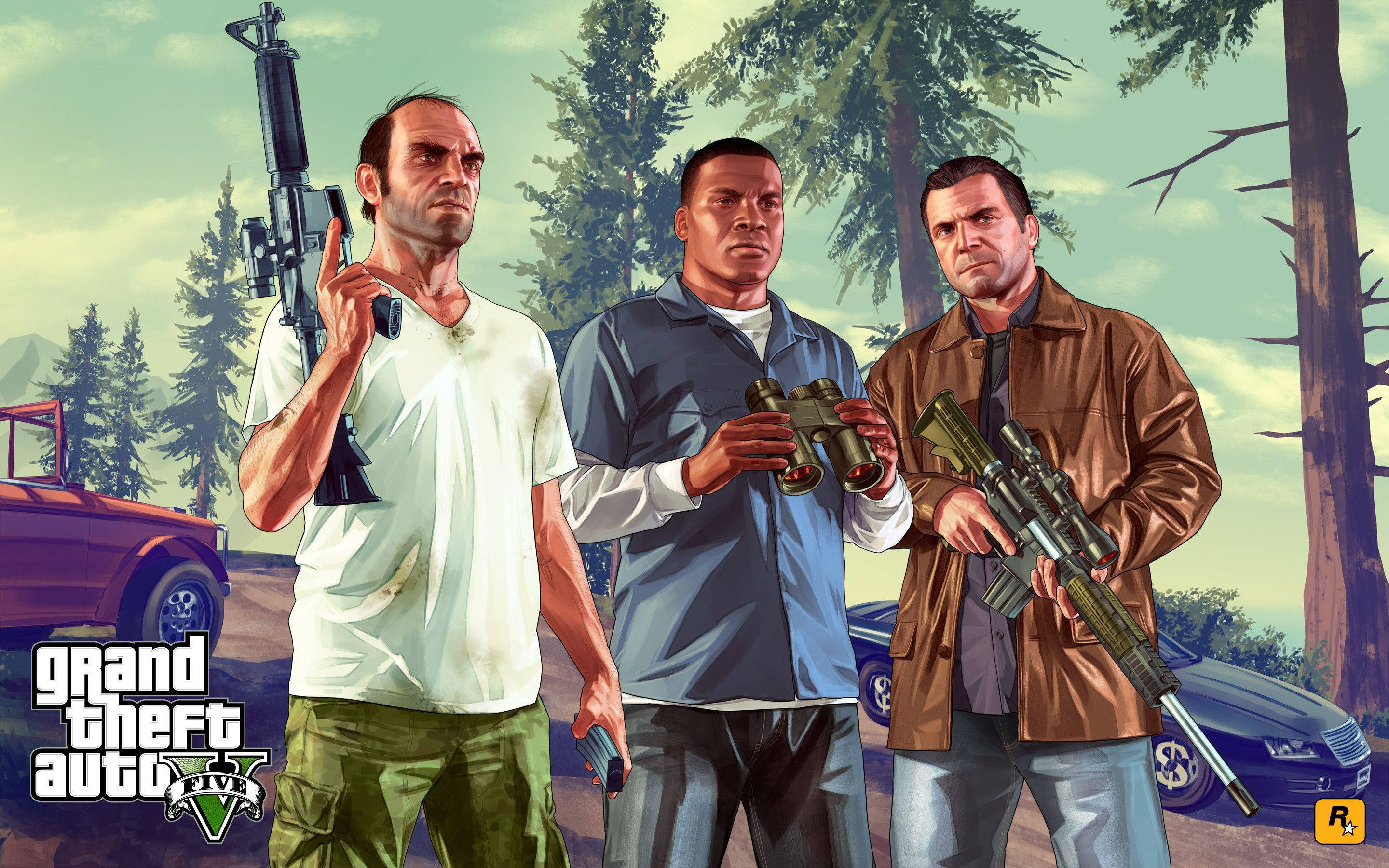 4K GTA 5 Trevor Franklin Michael Met Gewere Muurpapier