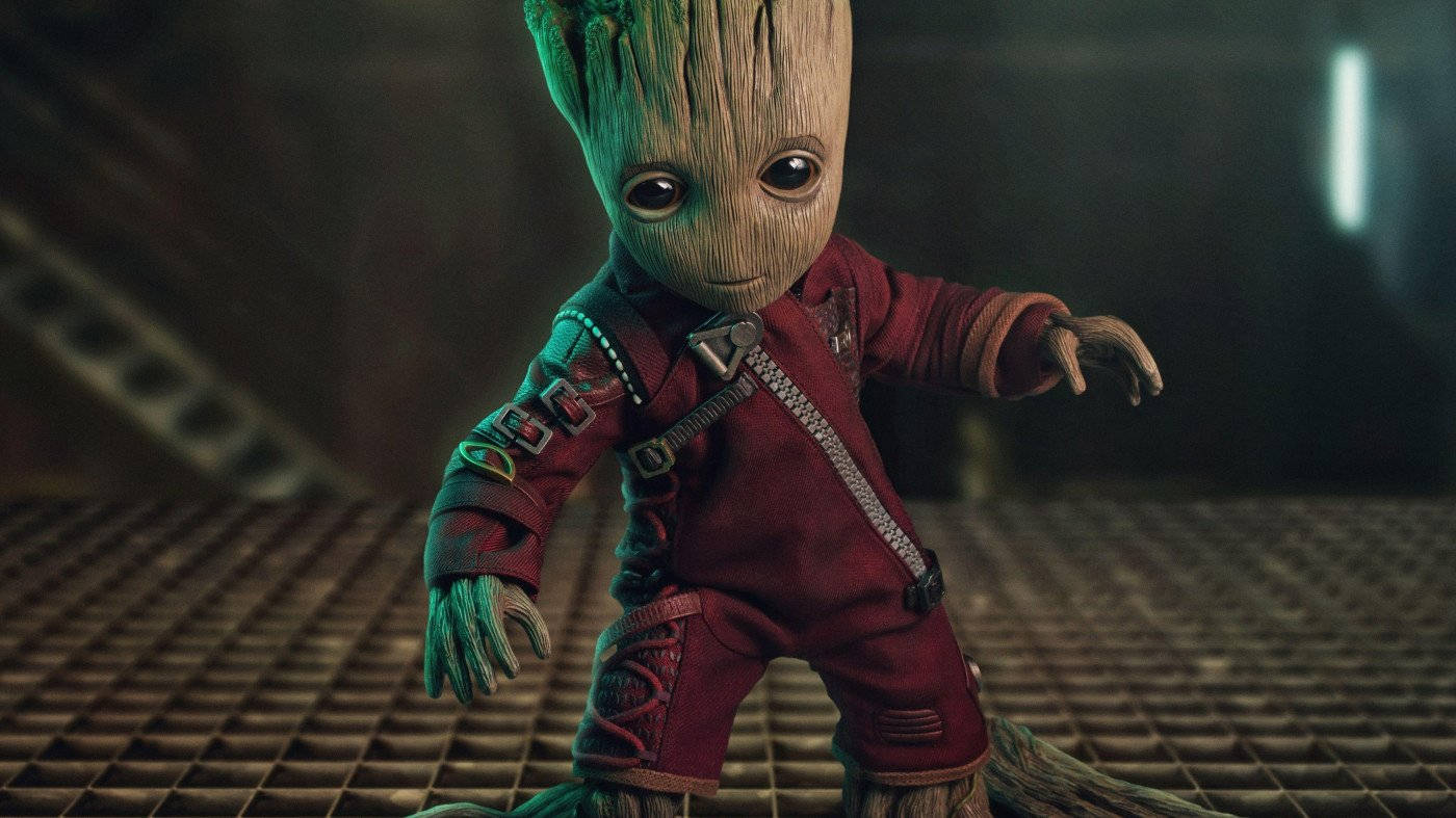 4K Guardians of the Galaxy met Baby Groot in Rooi Pak Muurpapier