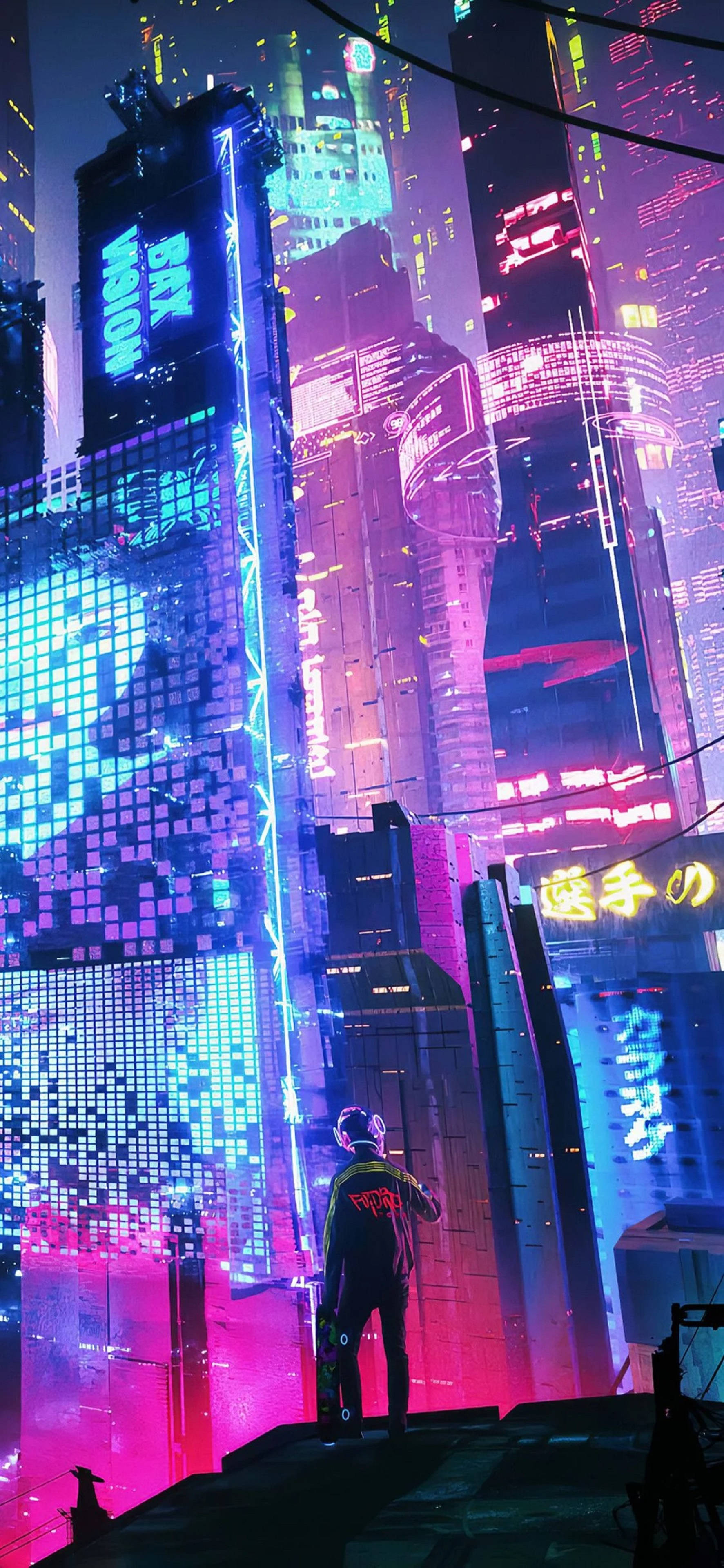 4K Neon iPhone Meisie in Neonstad Muurpapier