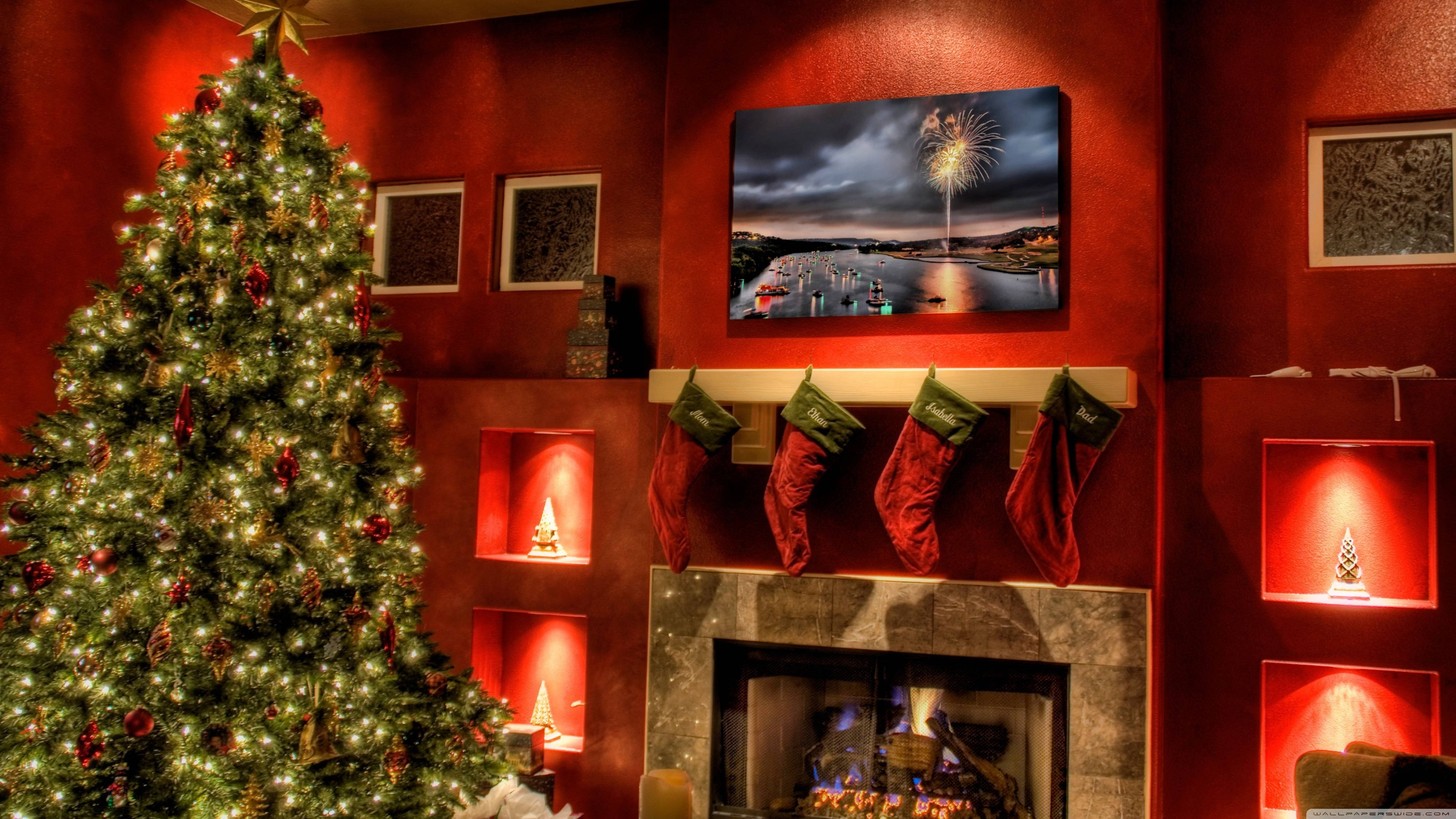 4K Ultra HD Kersfeesboom Kaggelsit Muurpapier