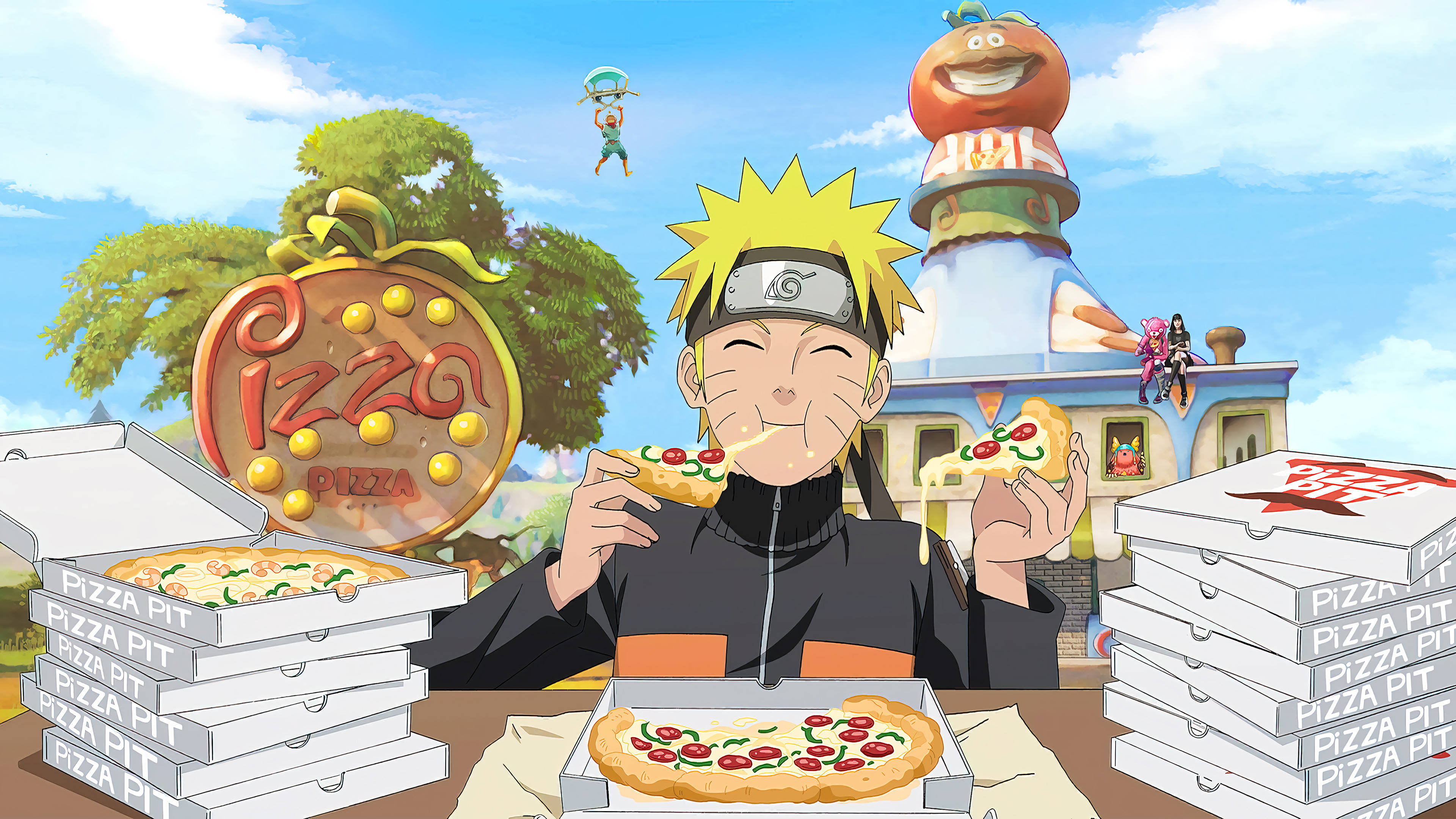 4K Ultra HD Naruto Eet Pizza Muurpapier