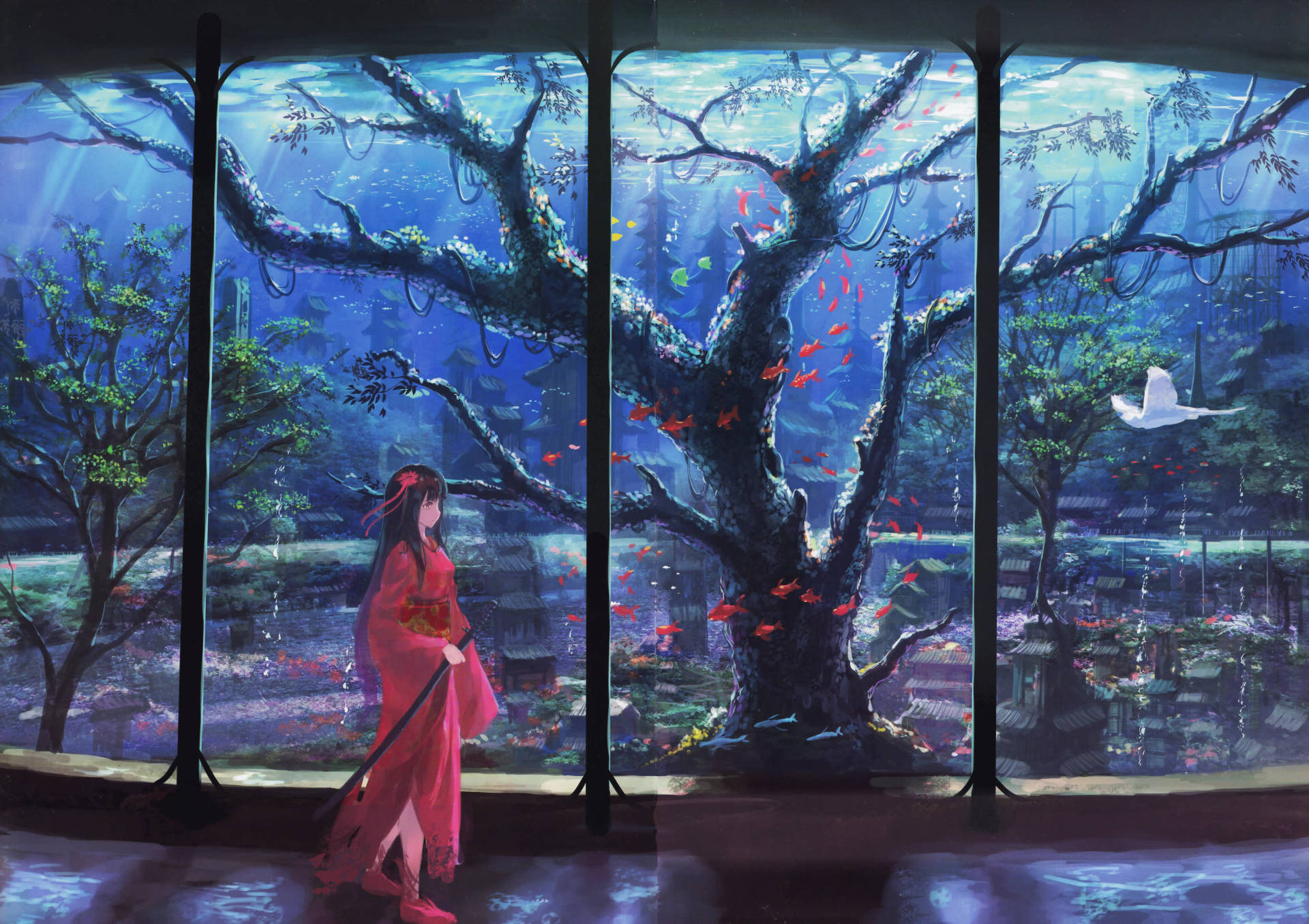 8K Anime Kimono En Akwarium — Anime landskap GIF Muurpapier