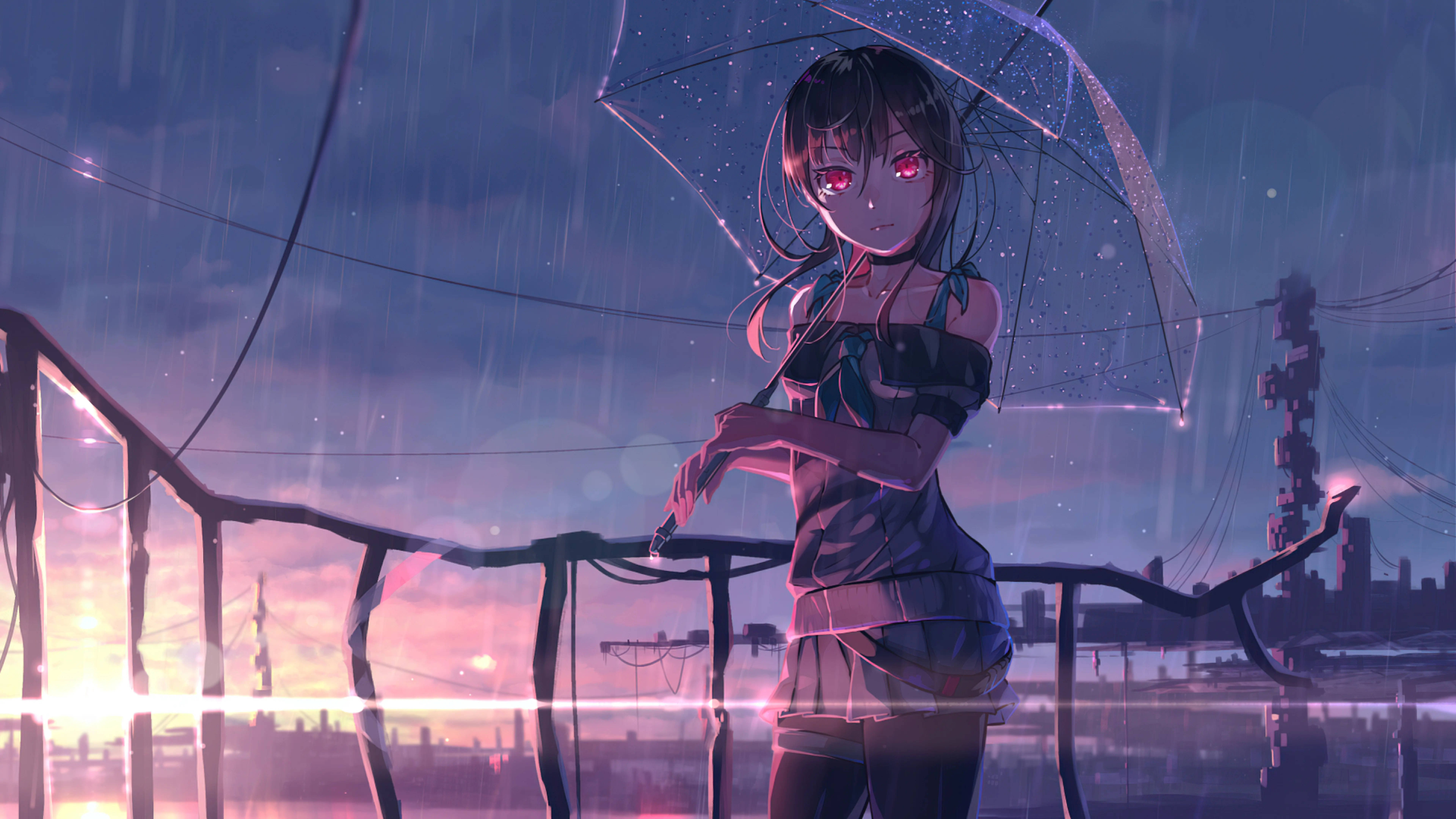 8K Anime Meisie In Reën Muurpapier