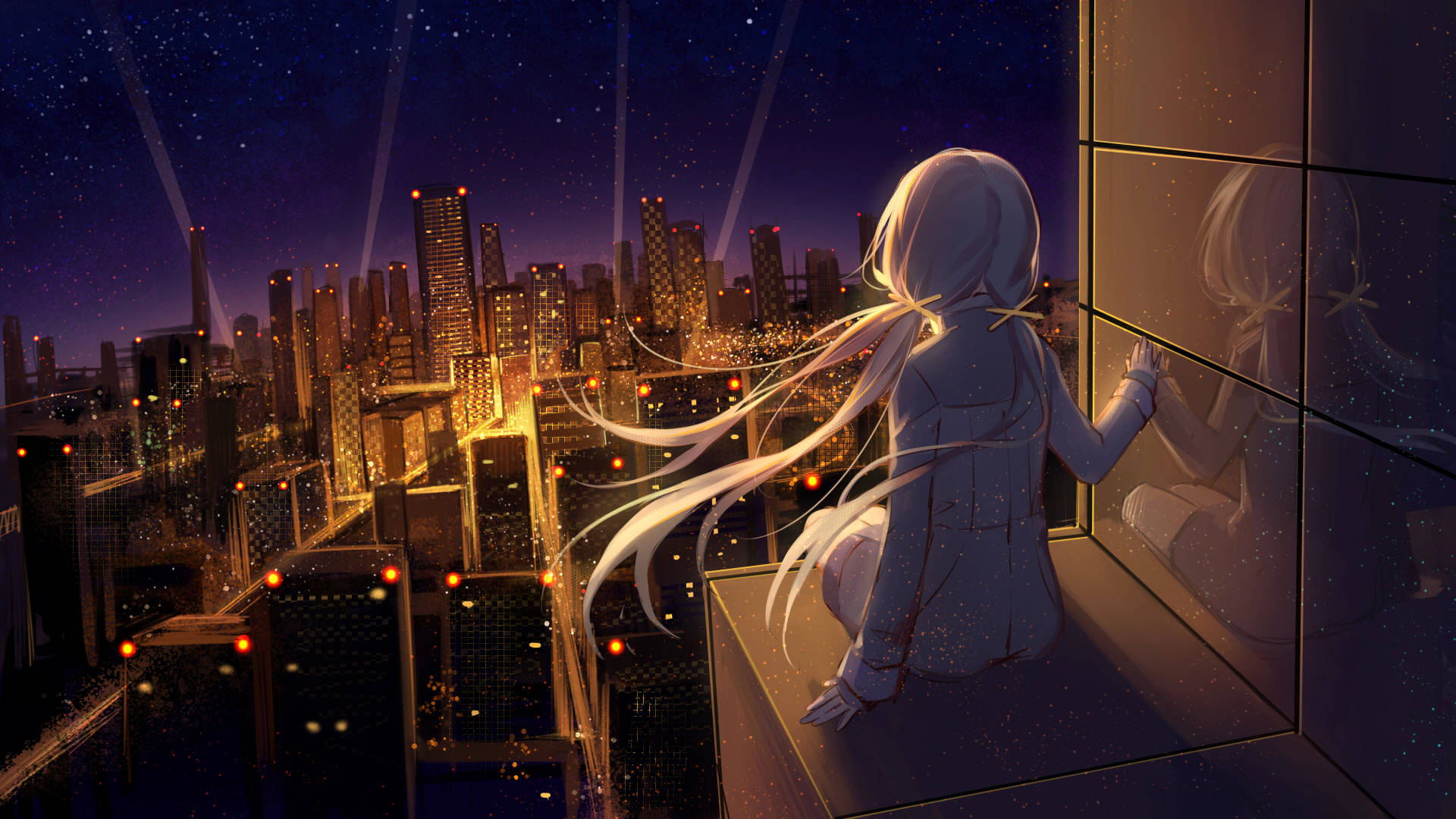 8K Anime Meisie wat oor Stad Uitkyk — Anime meisie Muurpapier