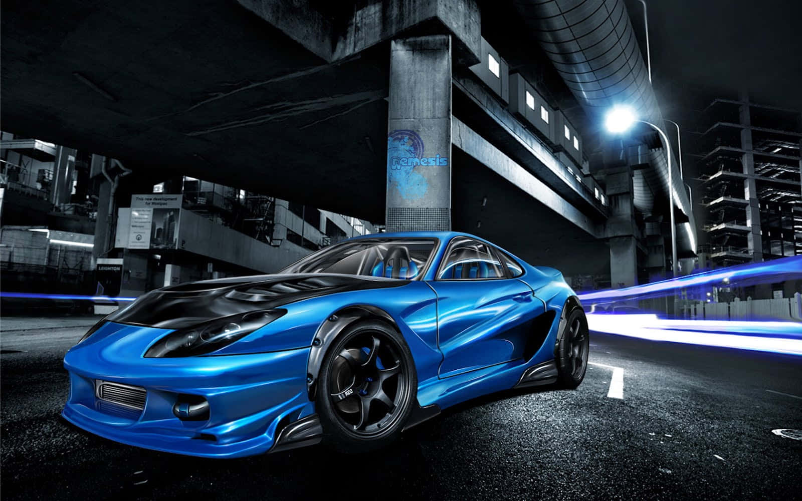 Aangedrewe Anime-motor brul die nag in Muurpapier