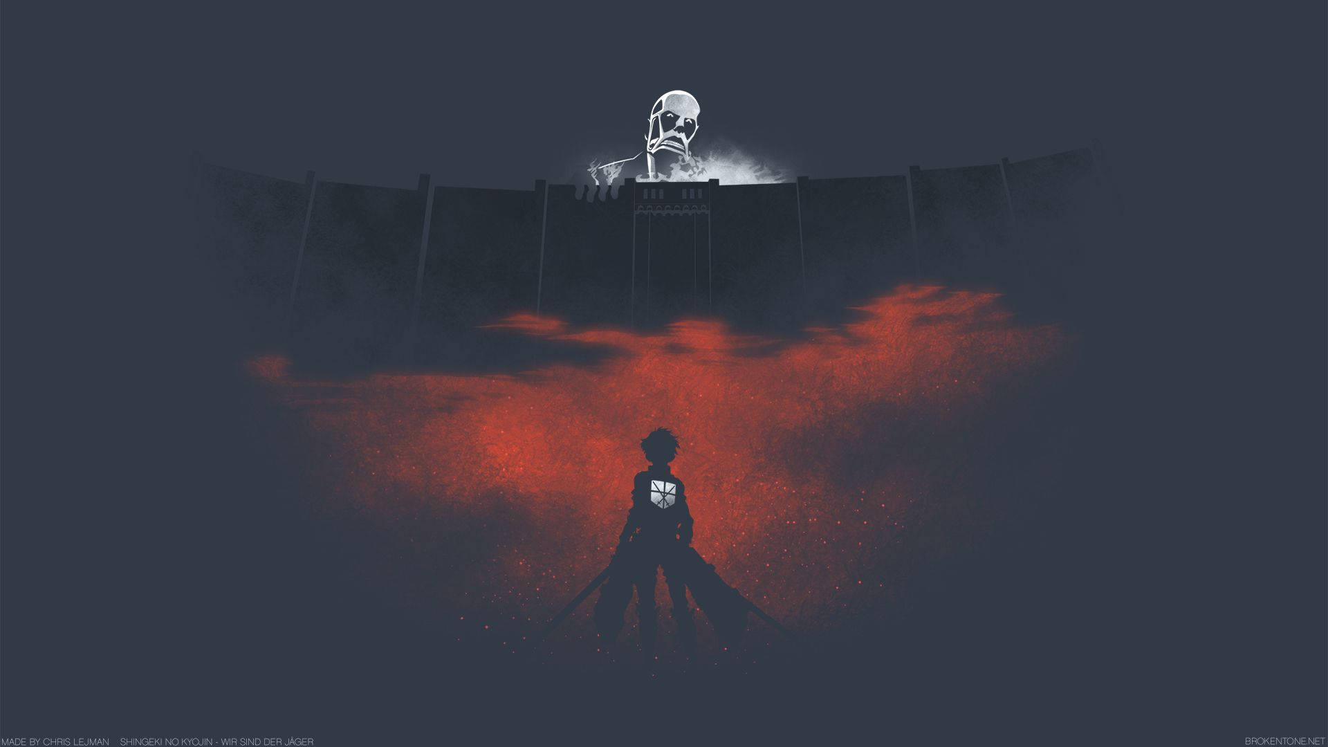 Eren staar na die muur terwyl 'n loerende Kolossale Titaan in Attack on Titan digitale kuns-agtergrond. — Attack On Titan Muurpapier