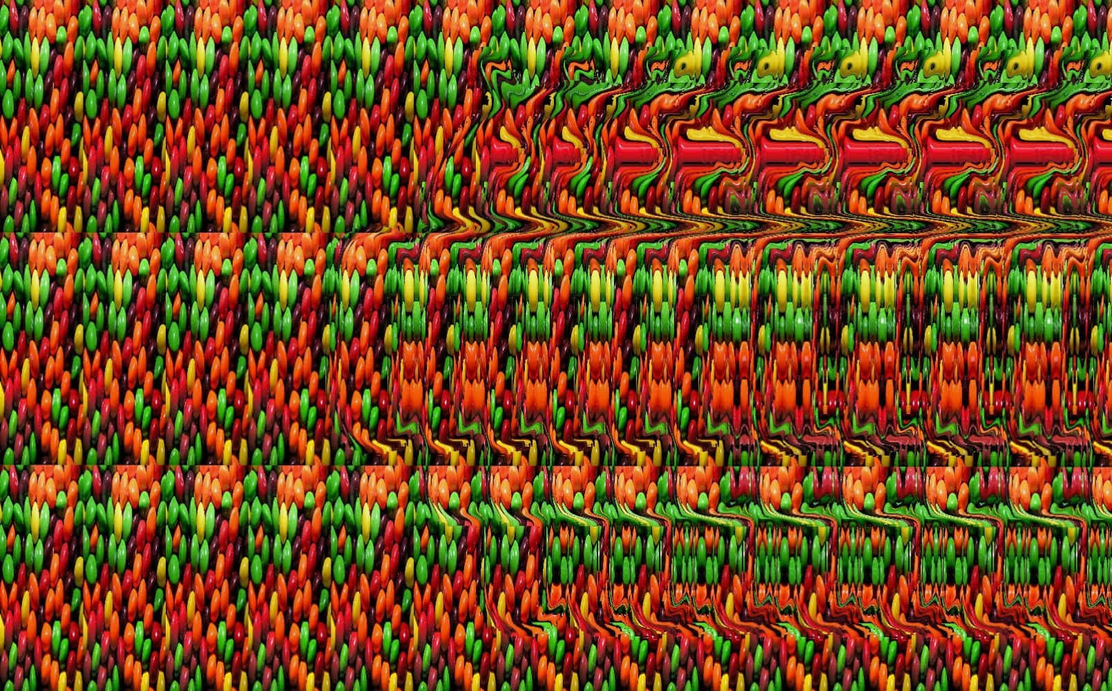 Abstract Glitch Patroon Magic Eye 3D Stereogram Prent 'n kleurvolle abstrakte patroon van rooi, groen en geel Muurpapier