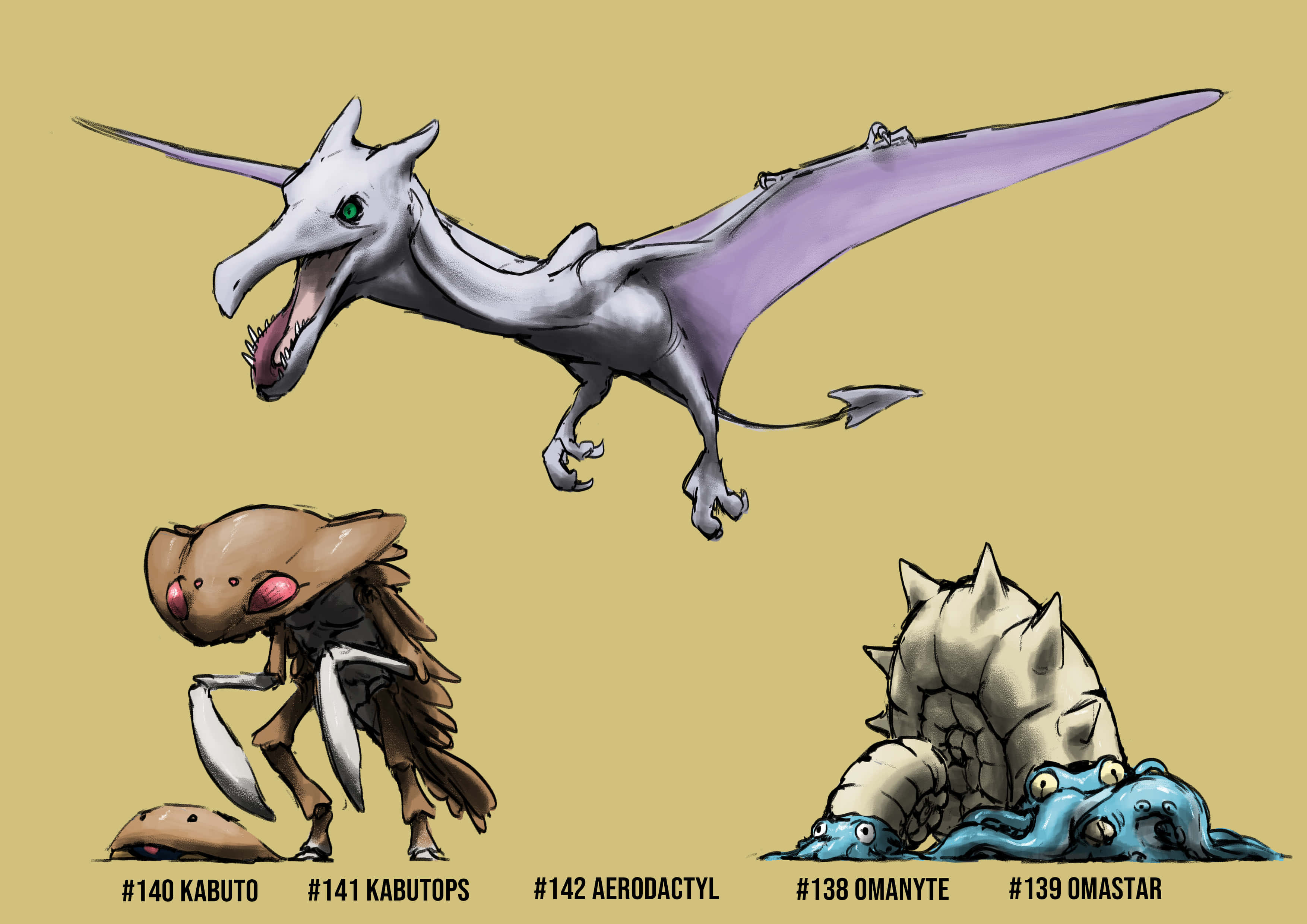 Aerodactyl, Kabutops en Omastar Muurpapier