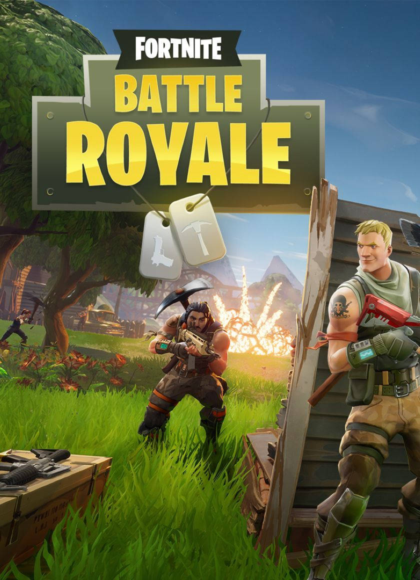 Fortnite battle royale met twee ouens wat met hul gewere veg agtergrond.