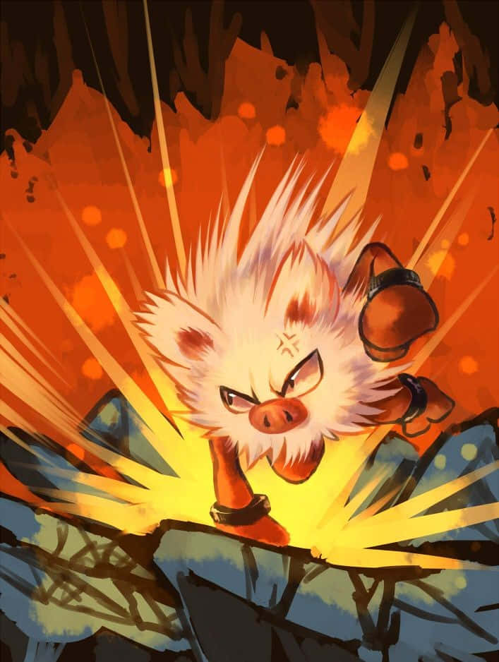 Aggressiewe Primeape Pokemon wat 'n hou gooi Muurpapier