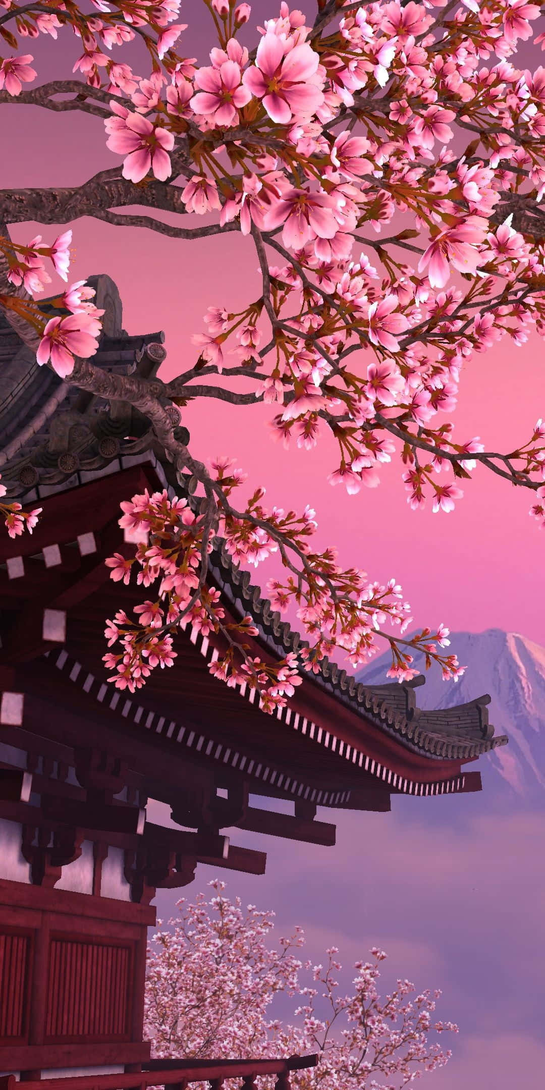 Agtergrond van 'n Anime Kersiebloeisel Japannese Tempel Muurpapier