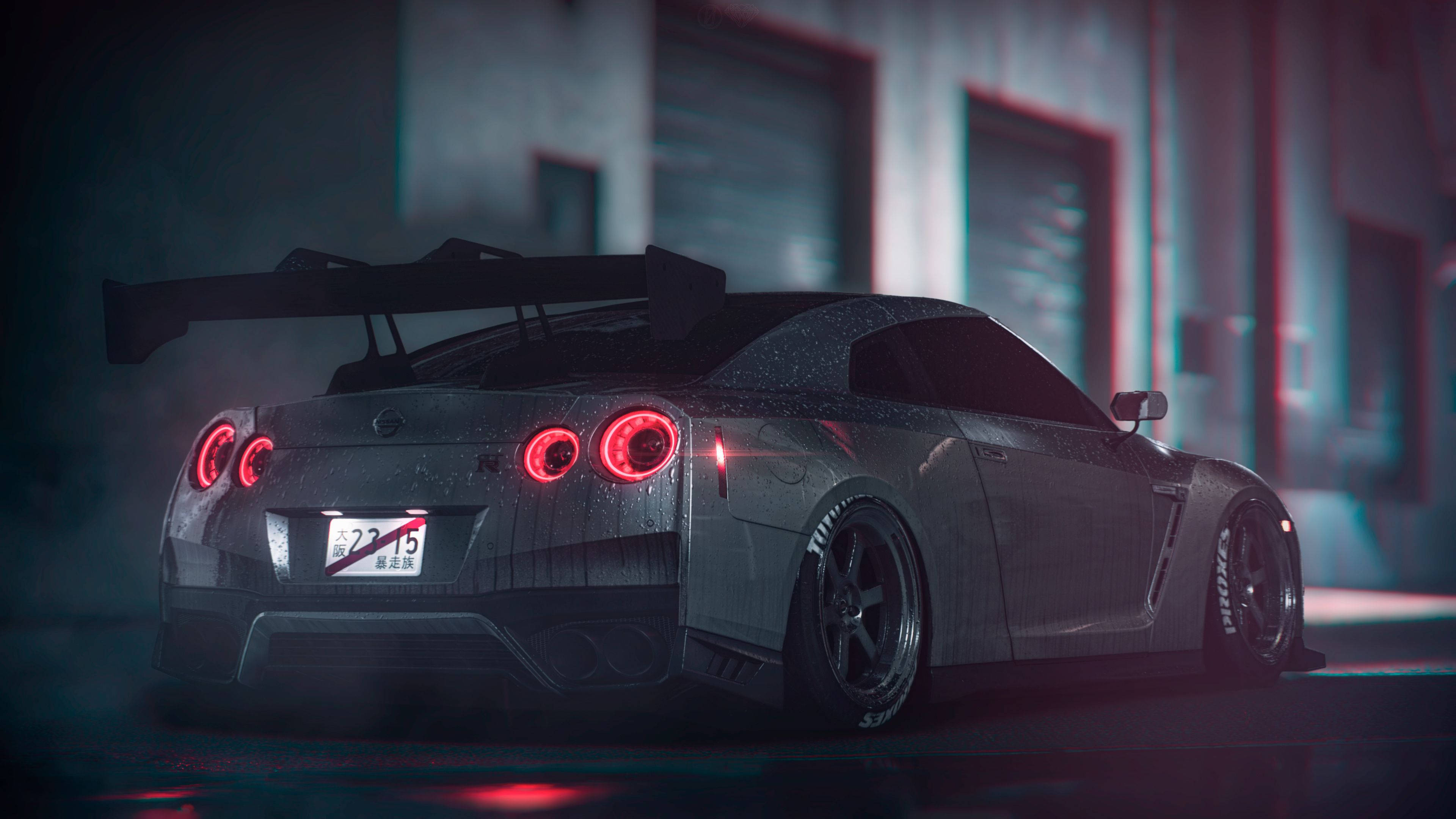 Agterligte Aan Grys Nissan GT R 4K Muurpapier