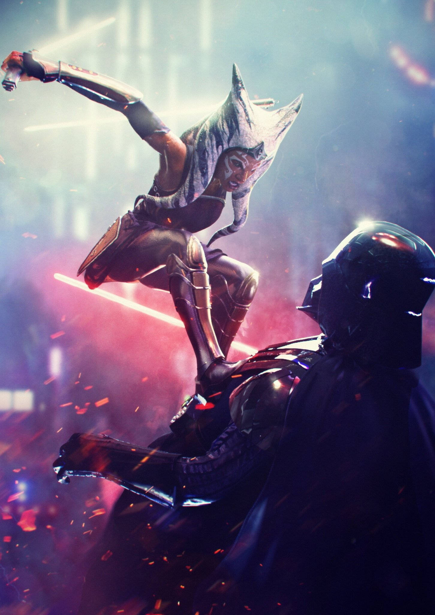Ahsoka Tano wat op 'n vyand spring Muurpapier