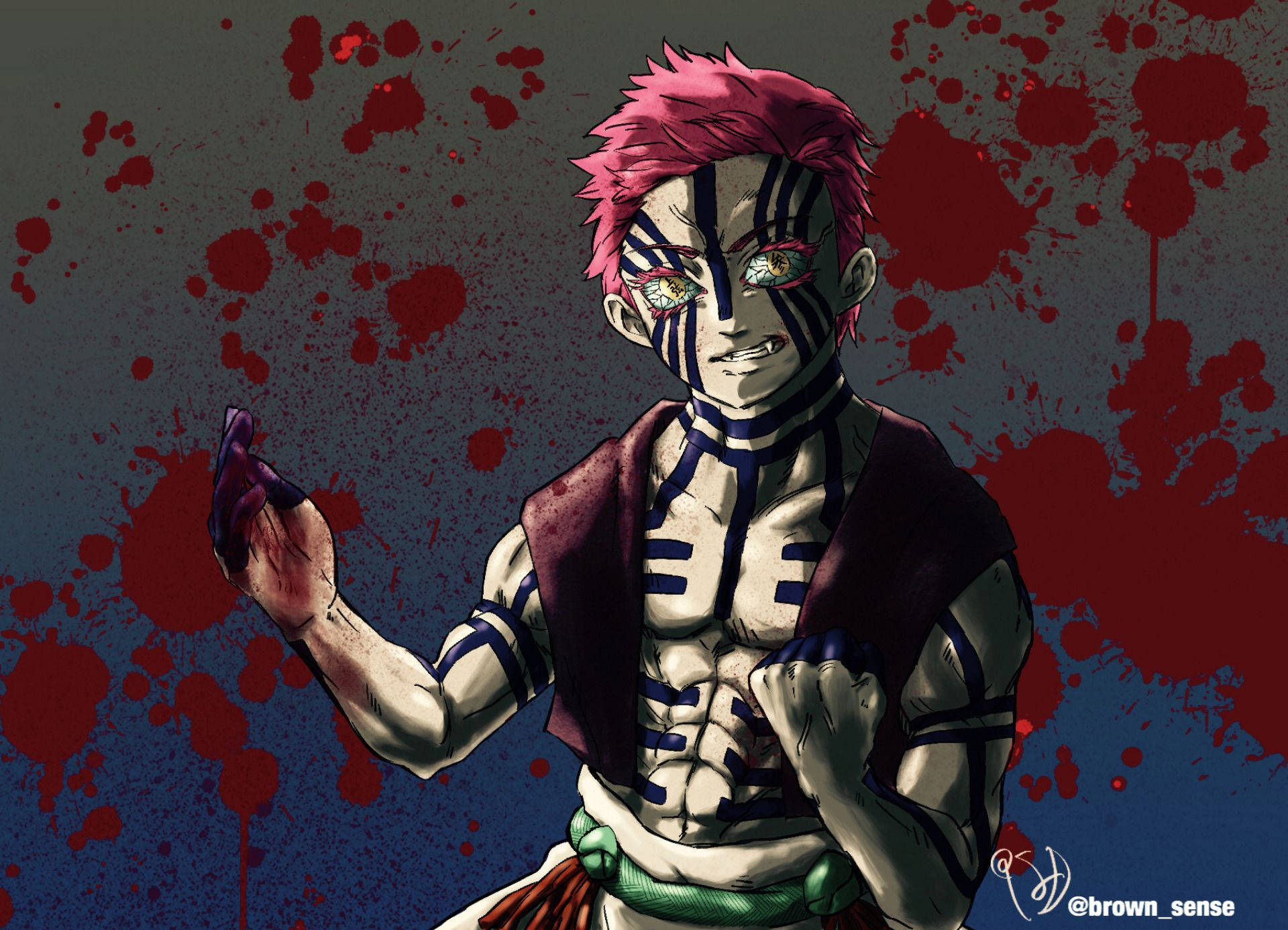 Demonslagter-agtergrond van Boonste Maan 3 Akaza met swart merke oor sy hele lyf — Demon slayer 4K GIF Muurpapier