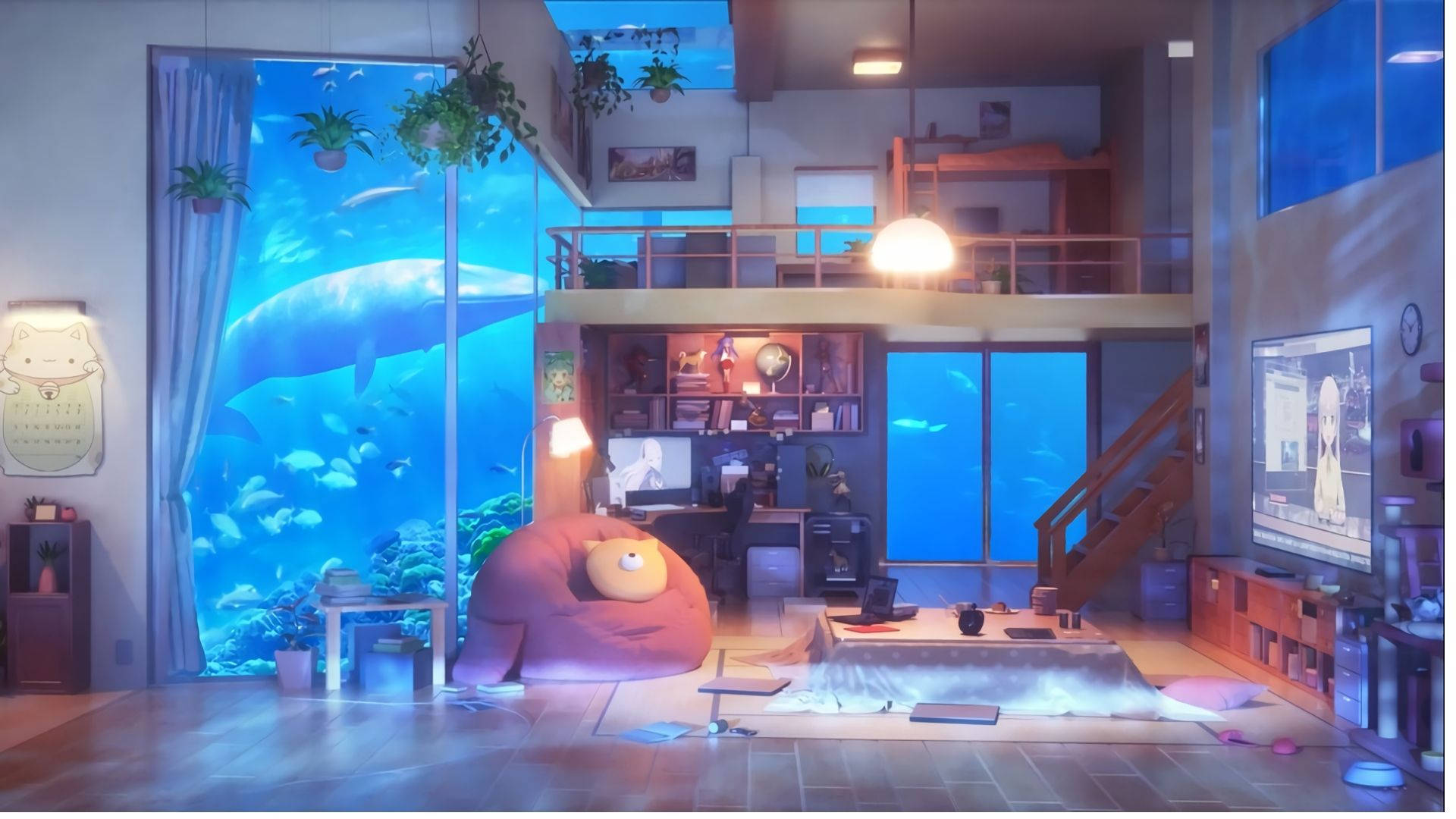 Akwarium-animekamer Muurpapier