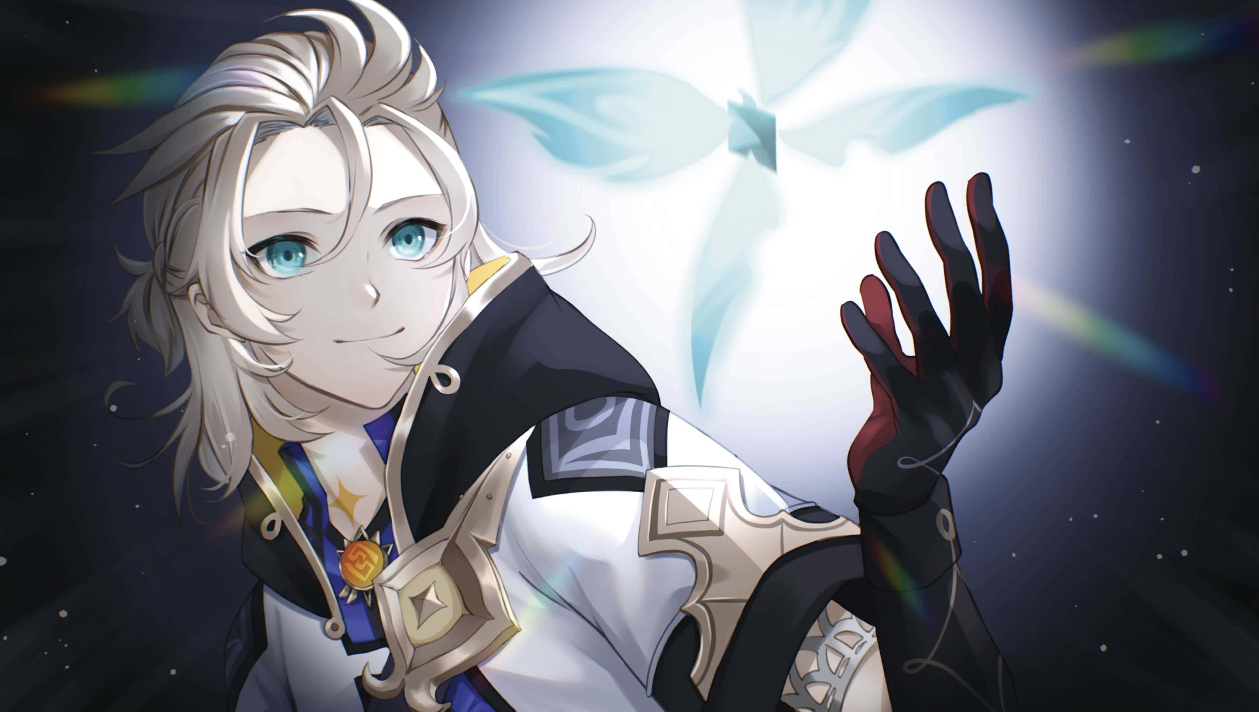 Albedo Genshin Impact kyk na blou blom Muurpapier