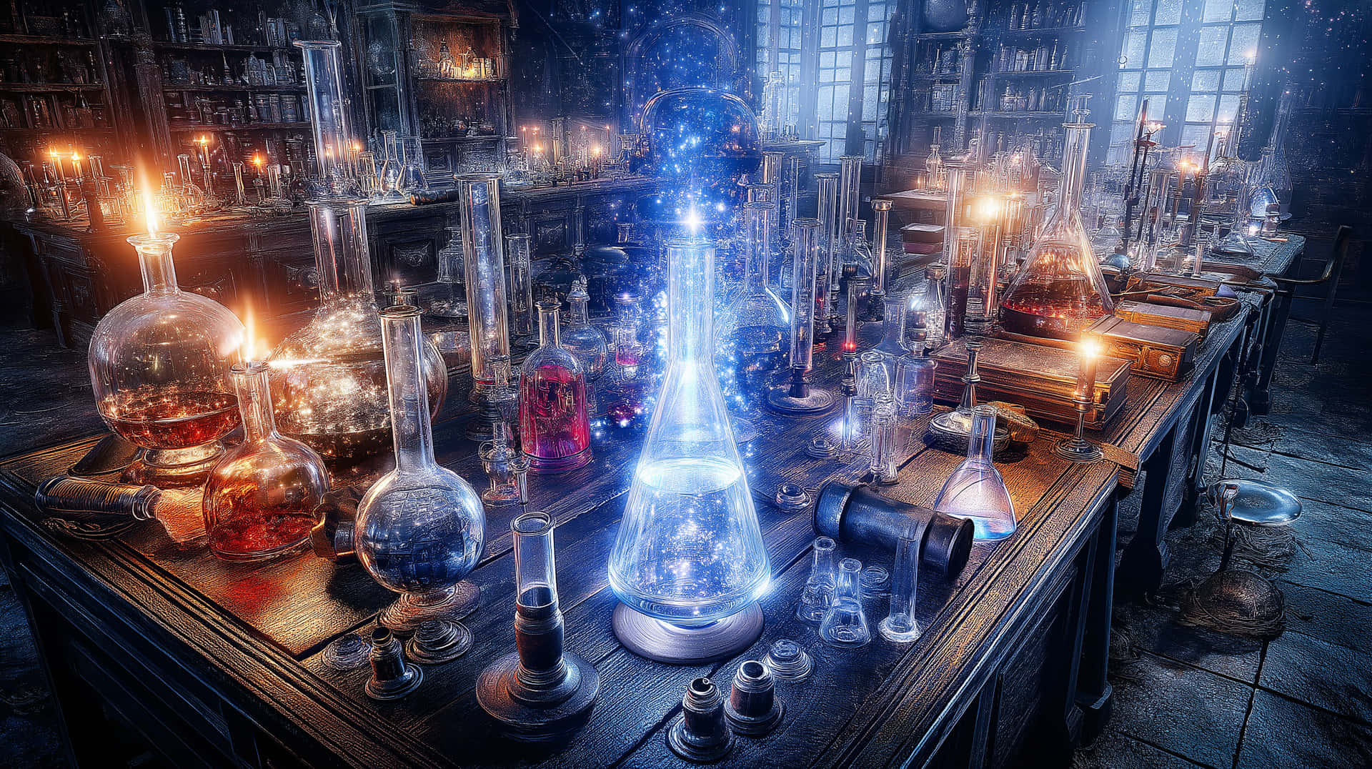 alchemie,laboratorium,towerdrankies,magie,fantasie,wetenskap,geheimsinnig,gloeiend,donker akademie,vintage,heksery,laboratorium,glas,eksperiment,arkanies — Donker akademie Muurpapier