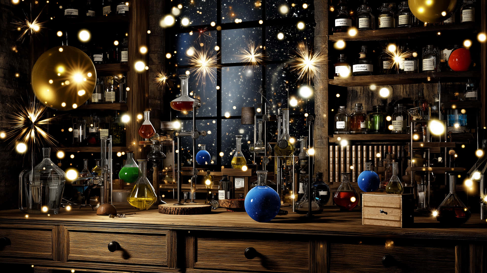 alchemie,laboratorium,dranke,magie,fantasie,wetenskap,geheimsinnig,gloeiend,donker akademie,vintage,heksery,laboratorium,glas,eksperiment,arcaan — Donker akademie Muurpapier