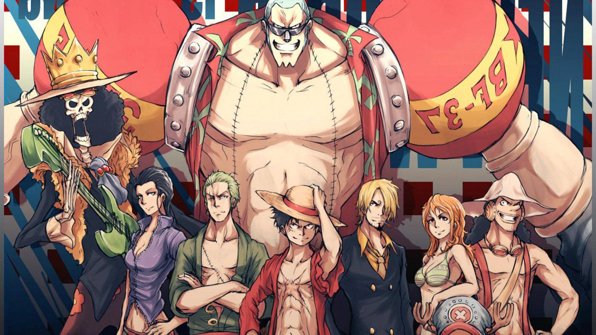 Pragtige fan-kuns van Strooihoed-bemanning in One Piece-agtergrond.