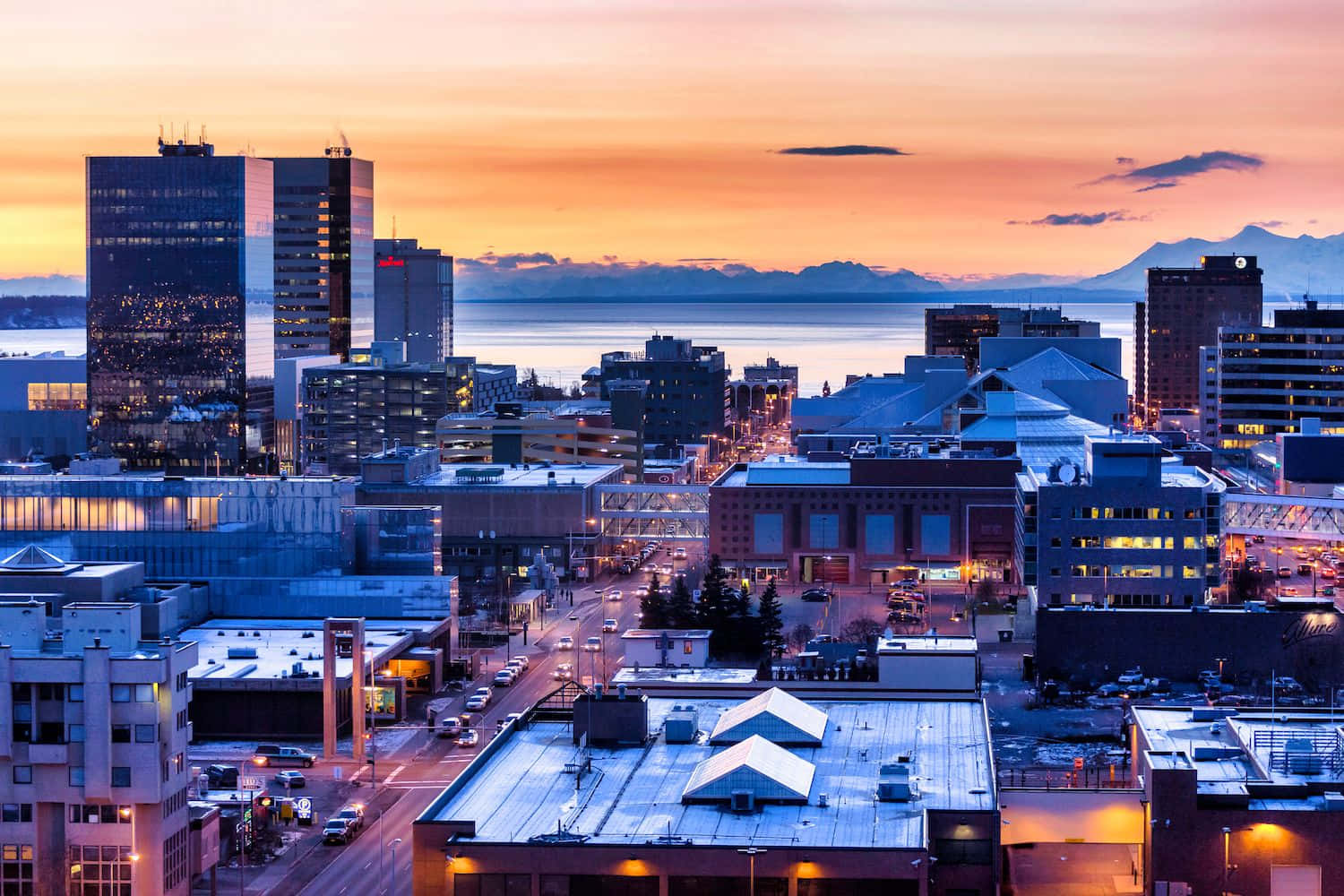 Anchorage Alaska Sonsondergang in Stad Prent Muurpapier