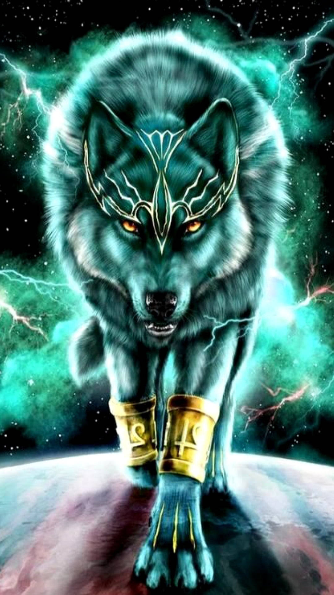 Anima Wolf Loop op Planeet Neon Blou Muurpapier