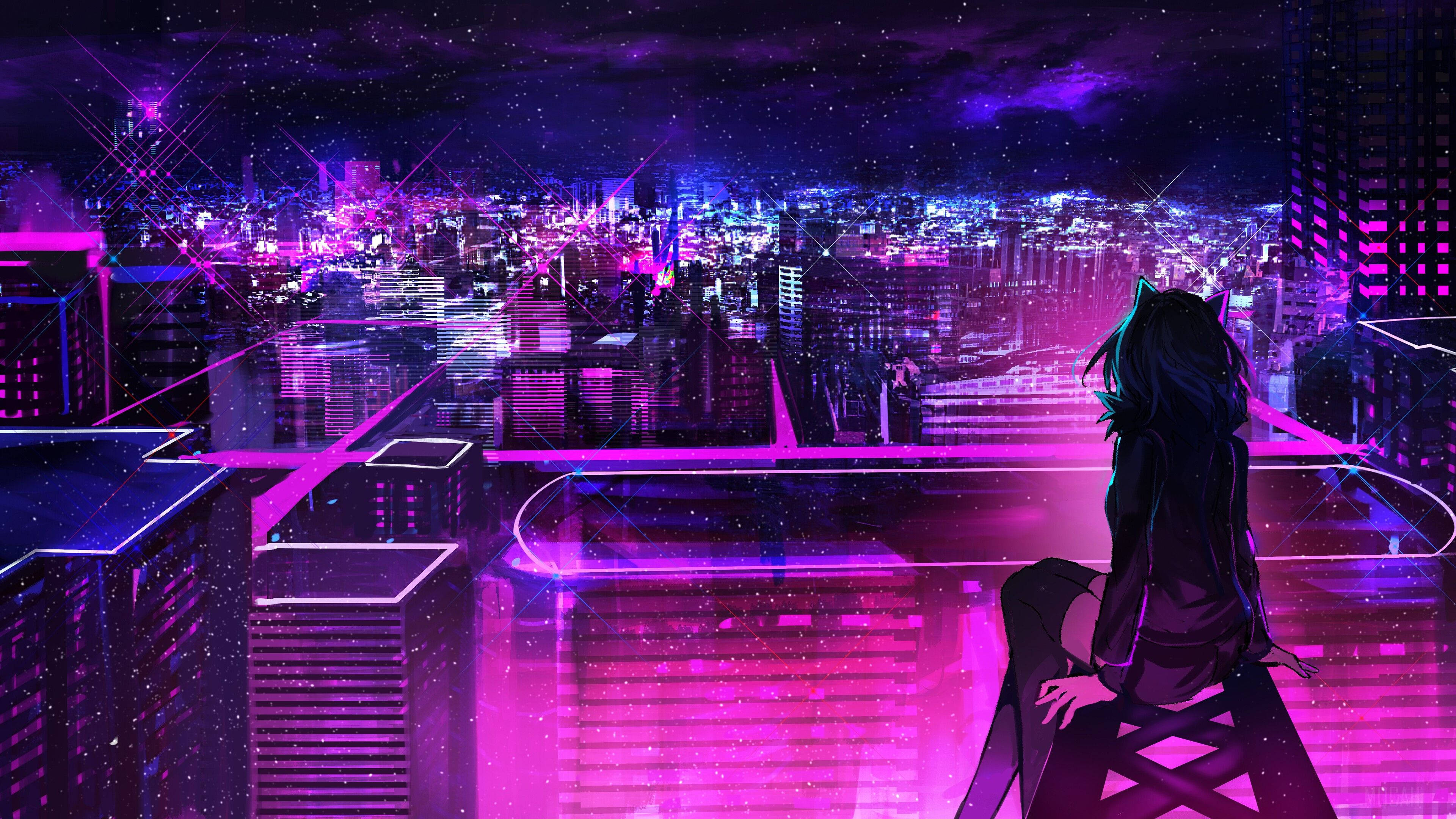 Animasiemeisie Anime Neon Pers Stad Muurpapier