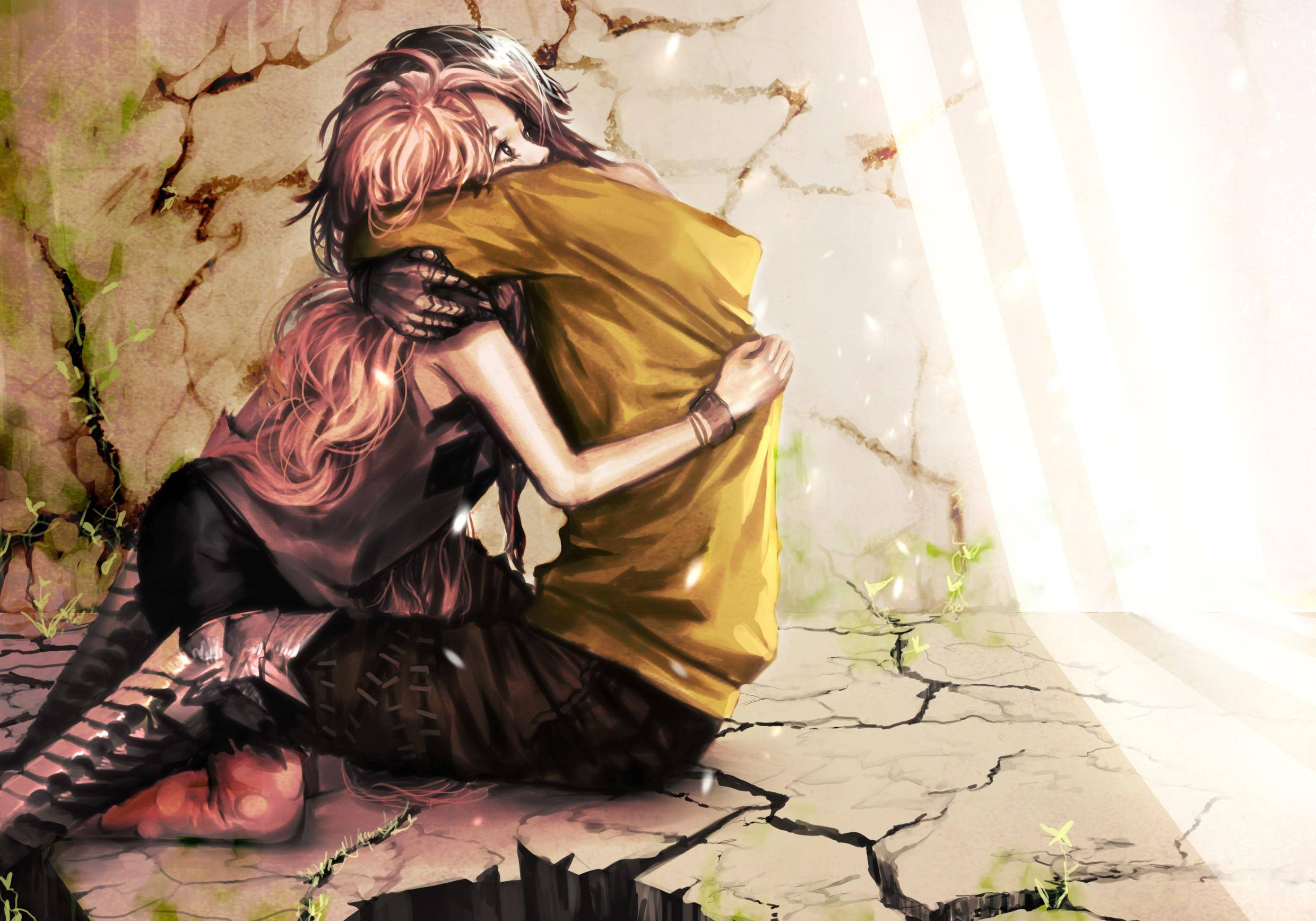 Anime-egpaar Omhels Pienk Hare Muurpapier