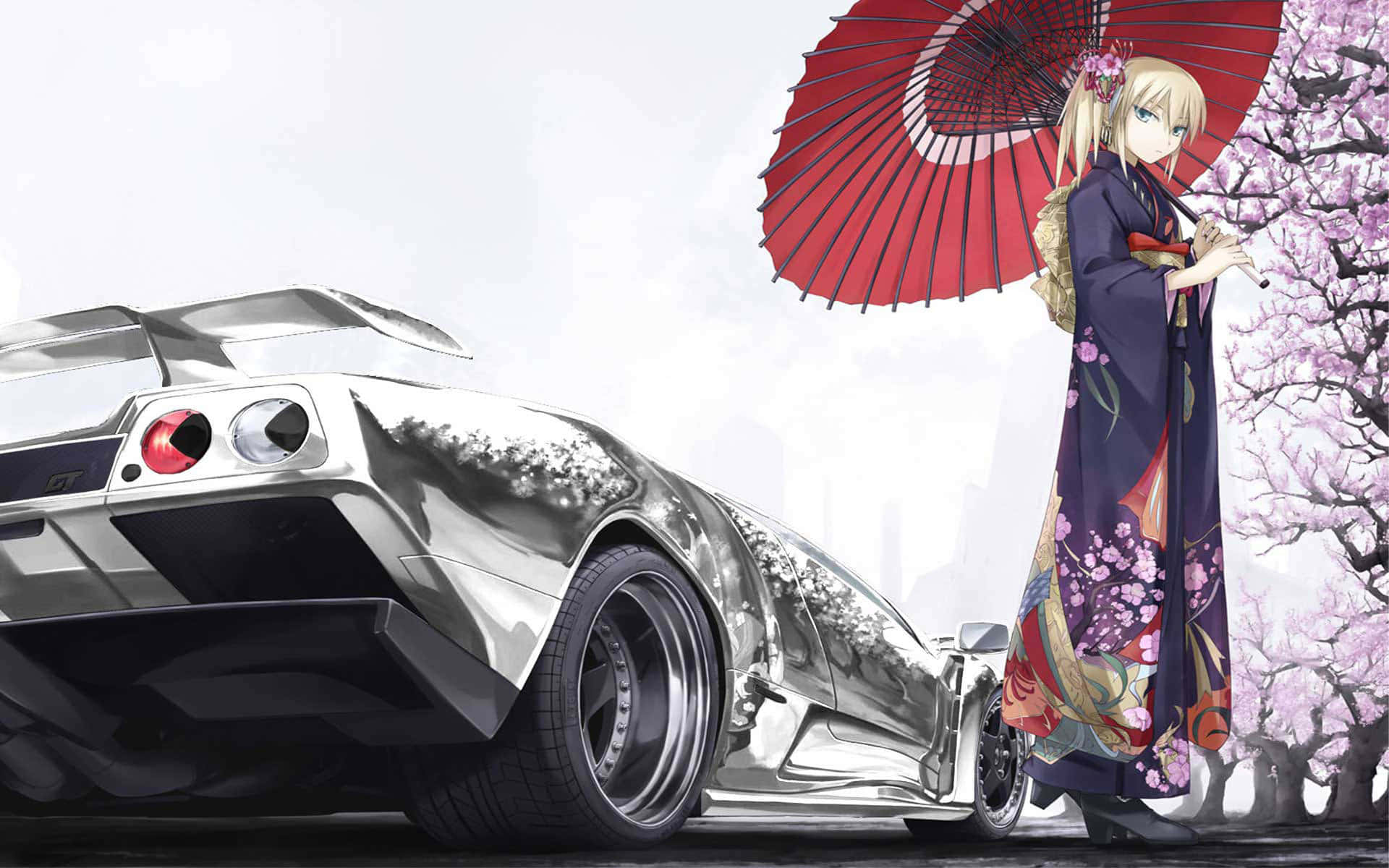 Anime-geïnspireerde Illustrasie van 'n Klassieke Motor Muurpapier