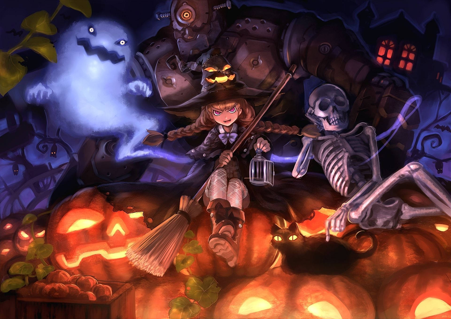 Anime Halloween Meisie wat Kuier met Spook, Geraamte, Robot Muurpapier