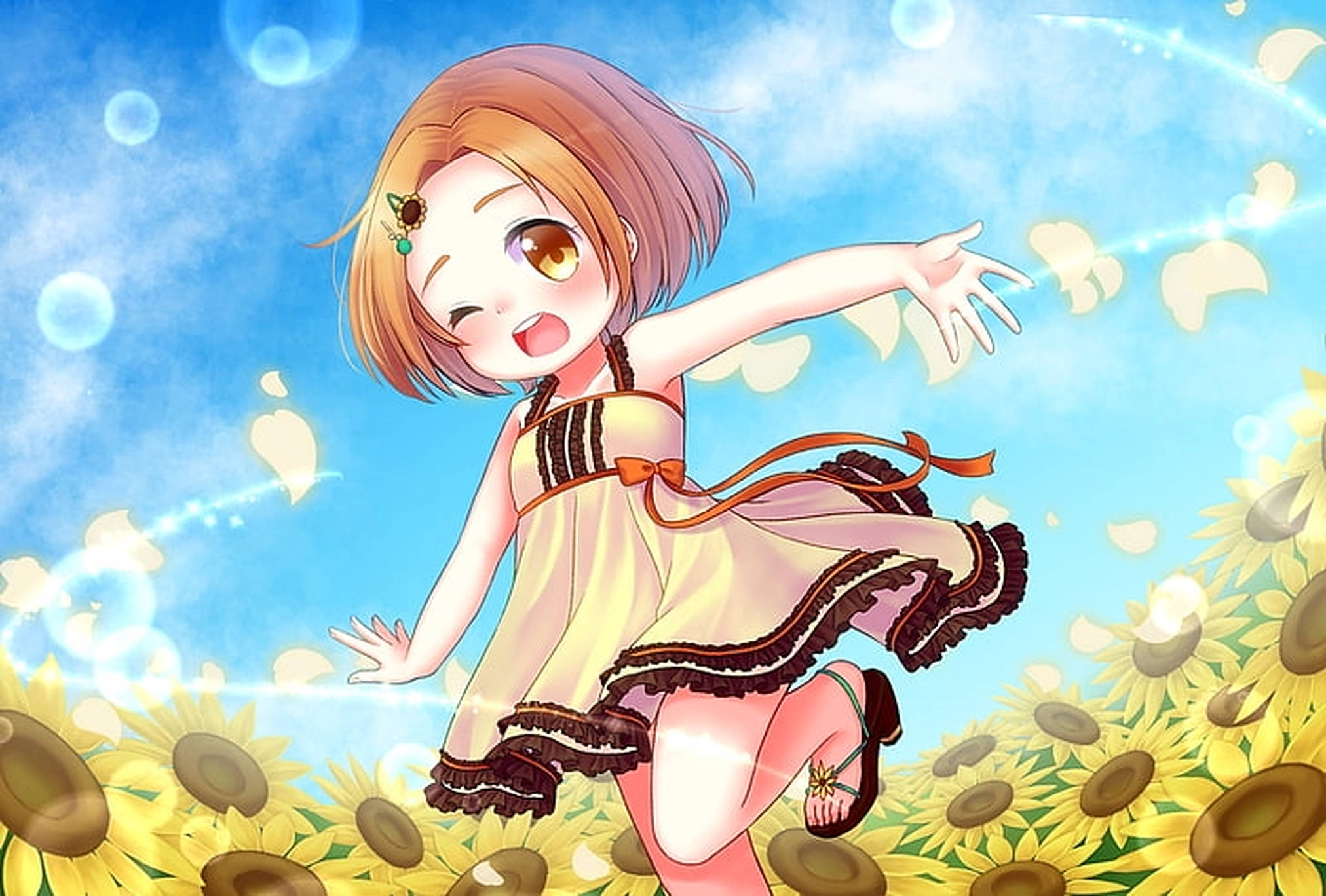 Anime-kind in Sonneblomveld Muurpapier