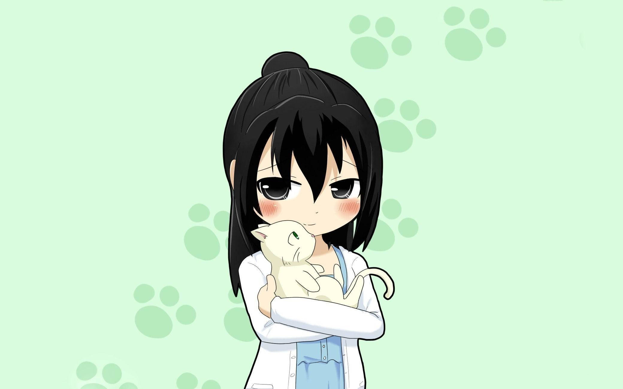 Anime-kind met Wit Kat Muurpapier