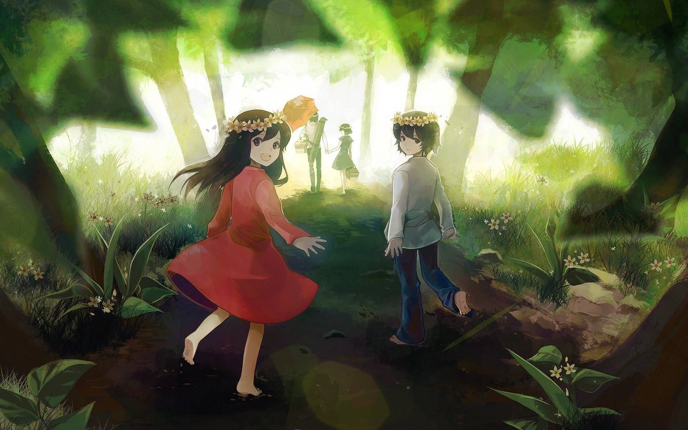 Anime-kinders in die Bos Muurpapier
