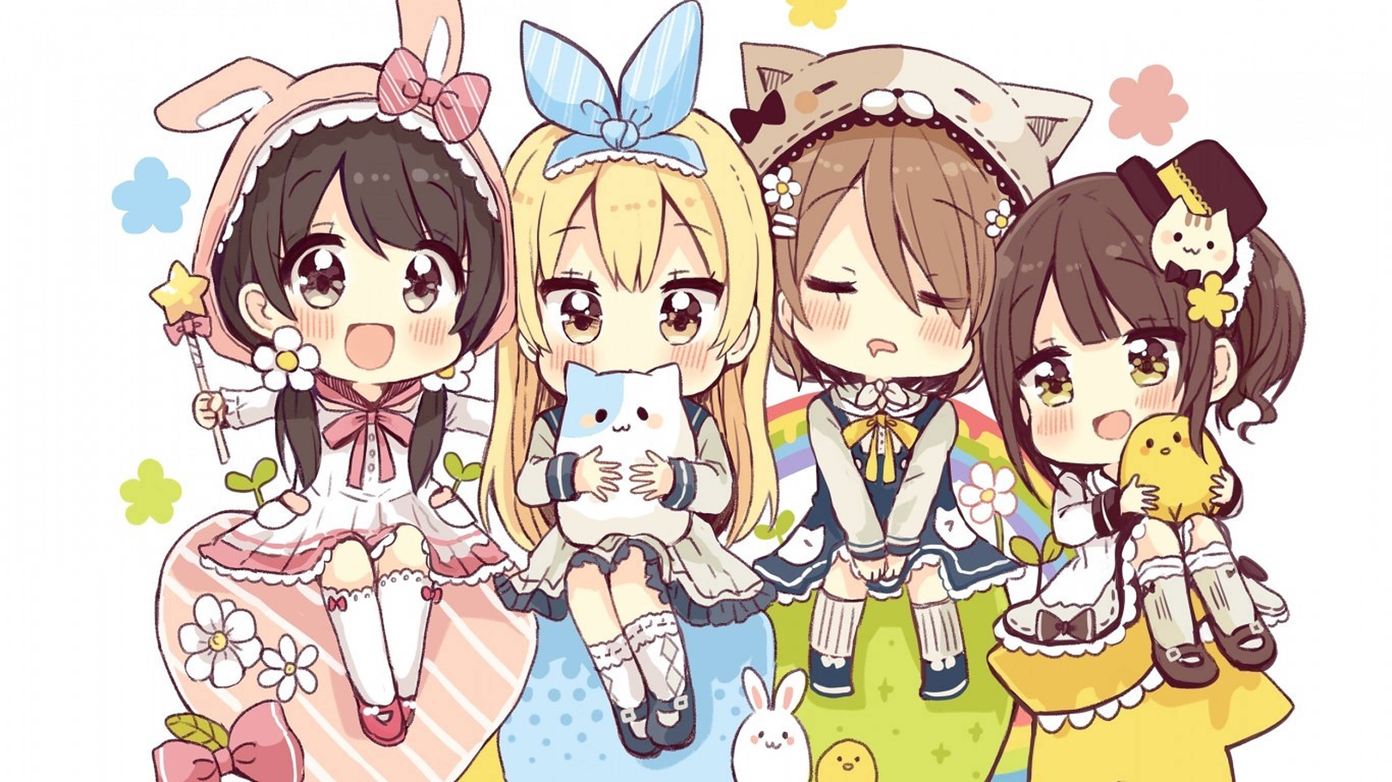Anime Kinders Kleurvolle Rokke Muurpapier