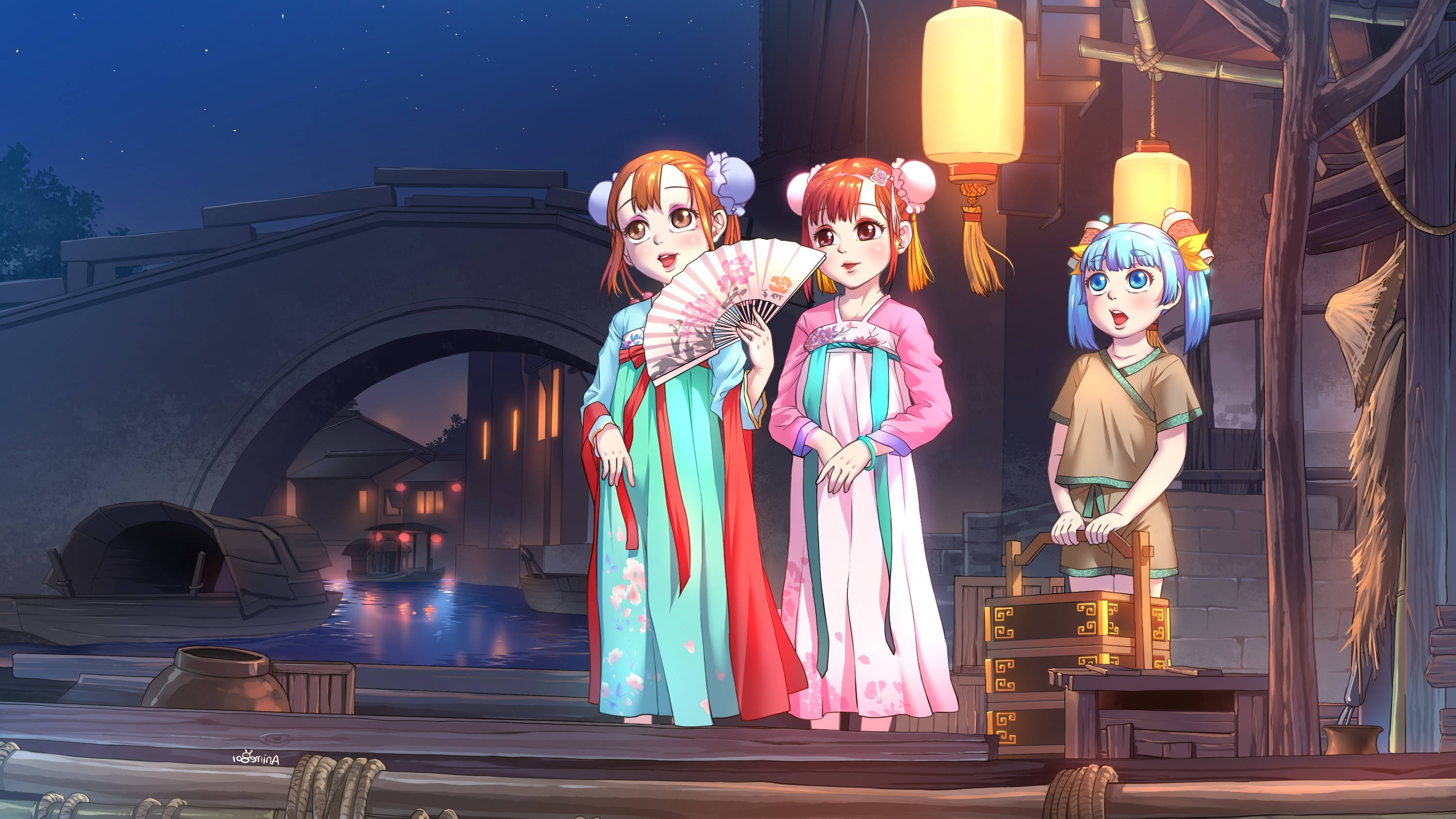 Anime Kinders wat Kimono Dra Muurpapier
