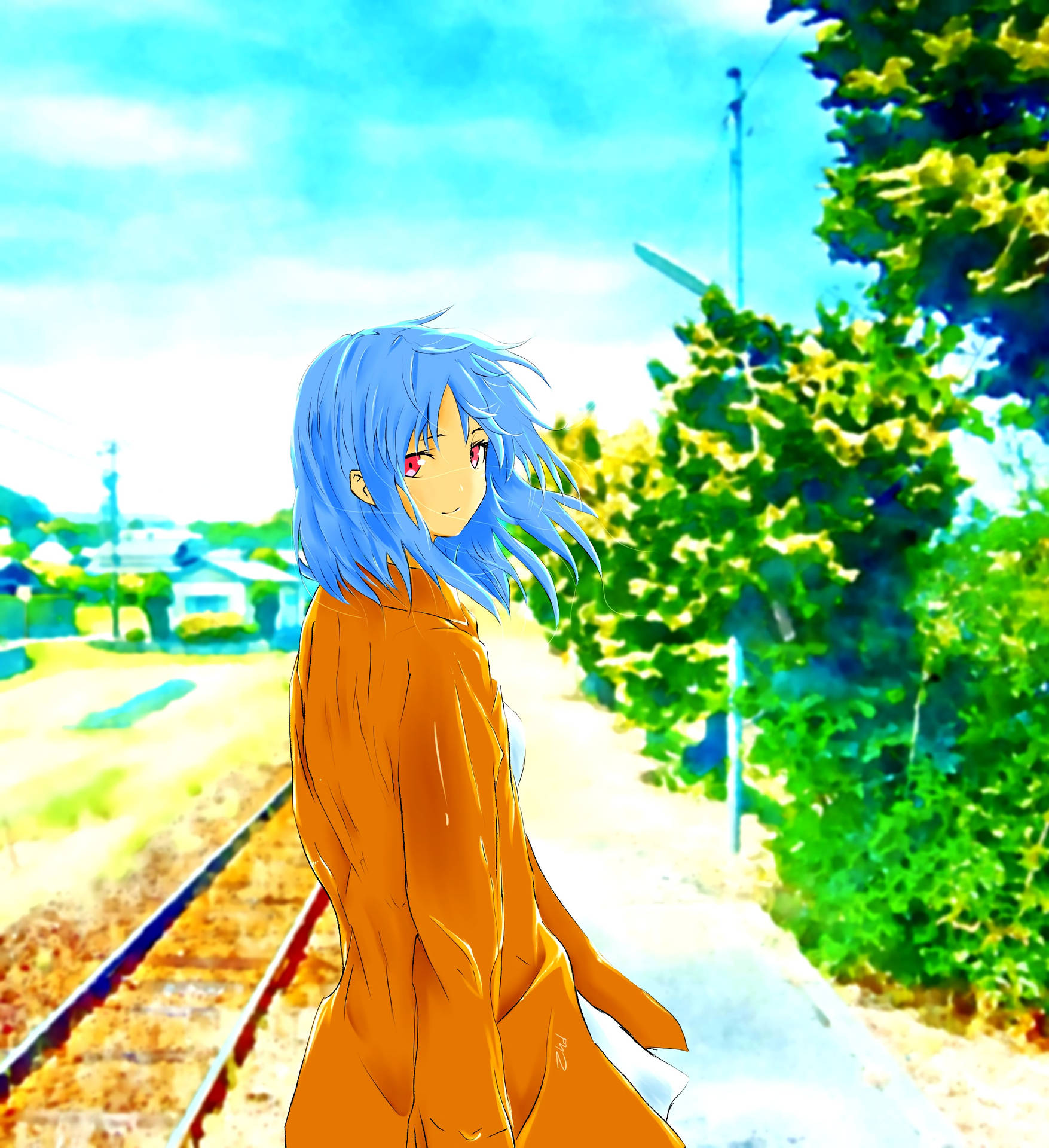 Anime Kuns Meisie Naby Spoorlyn agtergrond — Anime meisie Muurpapier