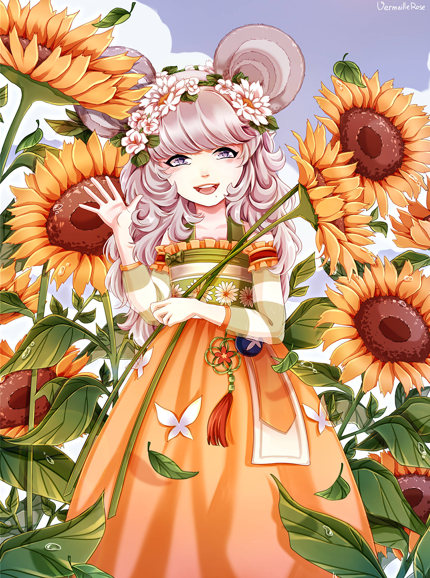 Anime kuns meisie wat in 'n sonneblomveld staan agtergrond — Anime meisie Muurpapier