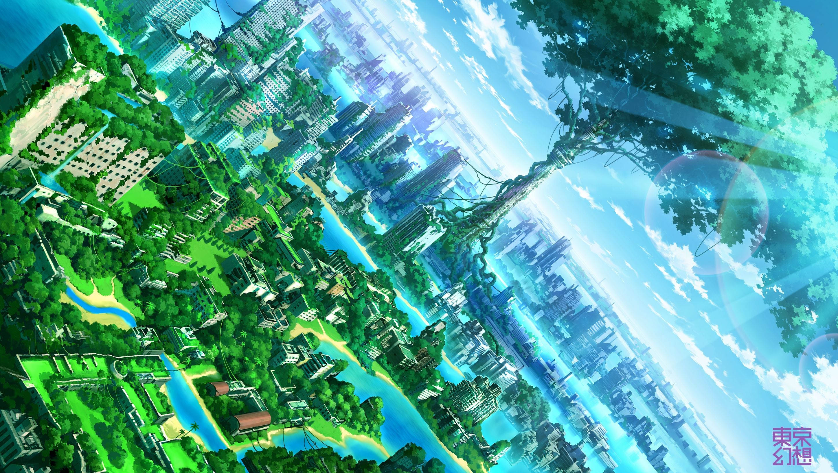 Anime Landskap Foliage Stad Muurpapier